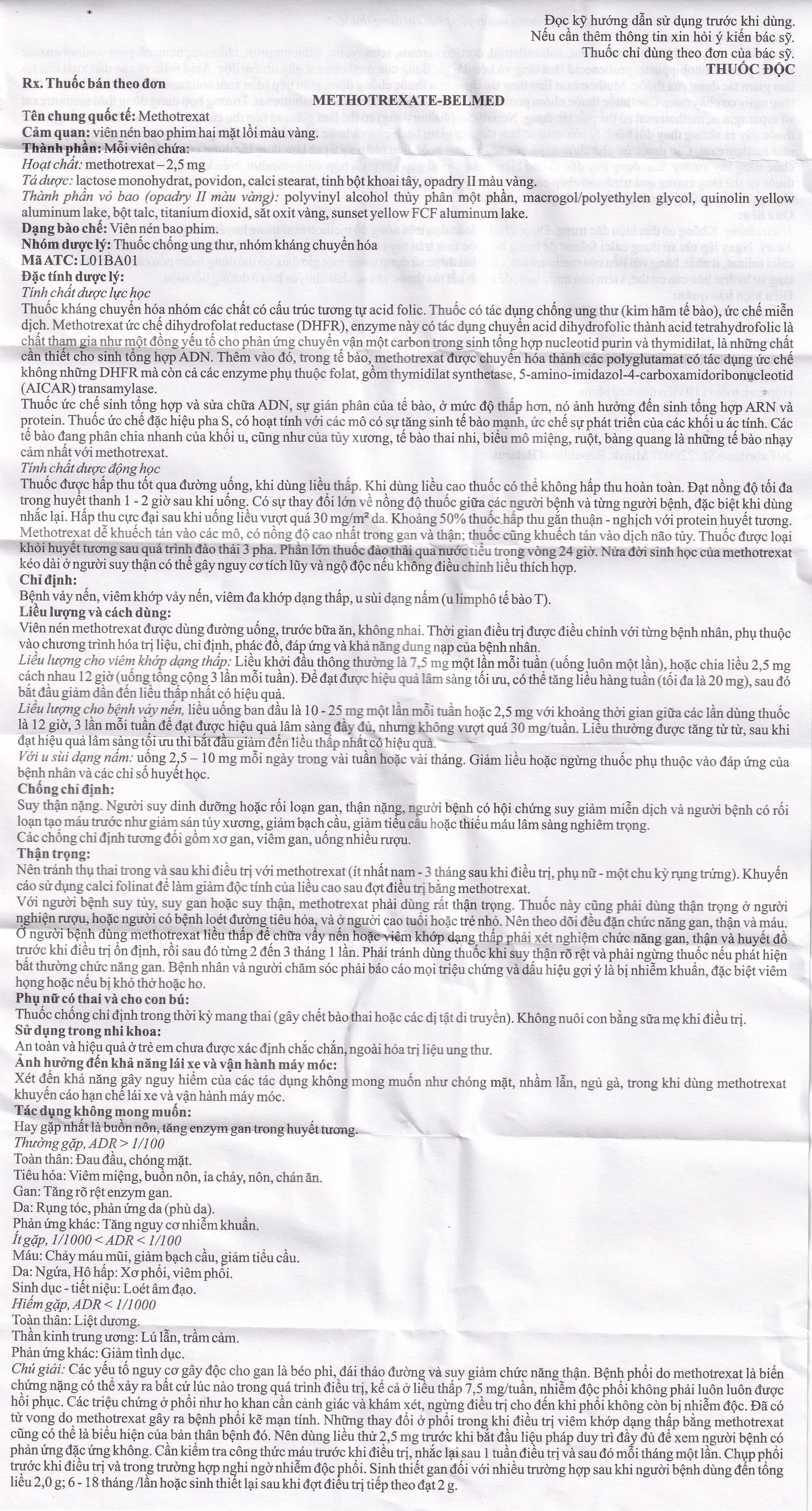Hình ảnh Thuốc Methotrexate Belmed 2.5mg điều trị bệnh vẩy nến, viêm khớp vảy nến, viêm khớp dạng thấp (20 viên)