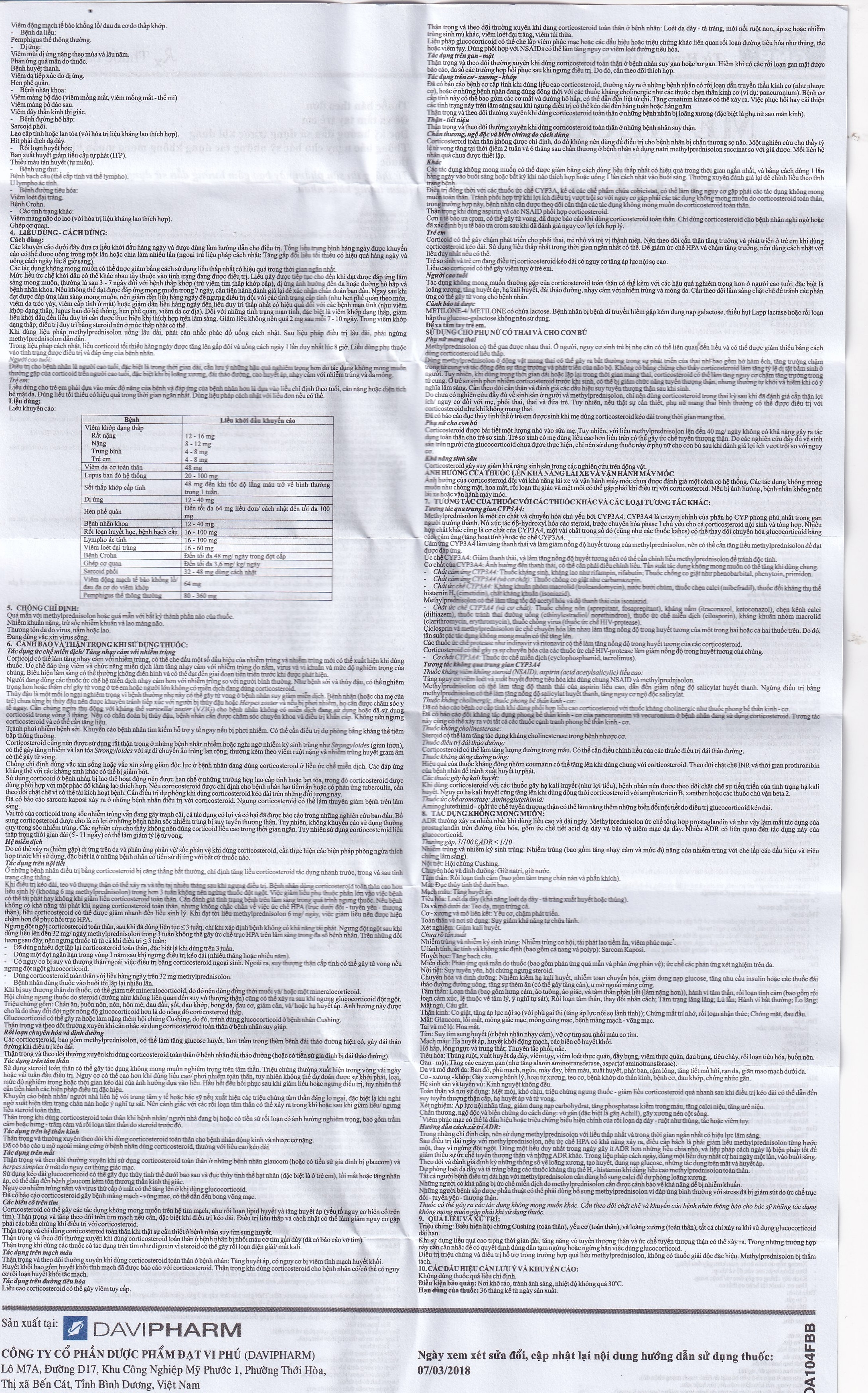 Hình ảnh Thuốc Metilone 16mg DaViPharm kháng viêm, rối loạn nội tiết, viêm khớp (2 vỉ x 14 viên)