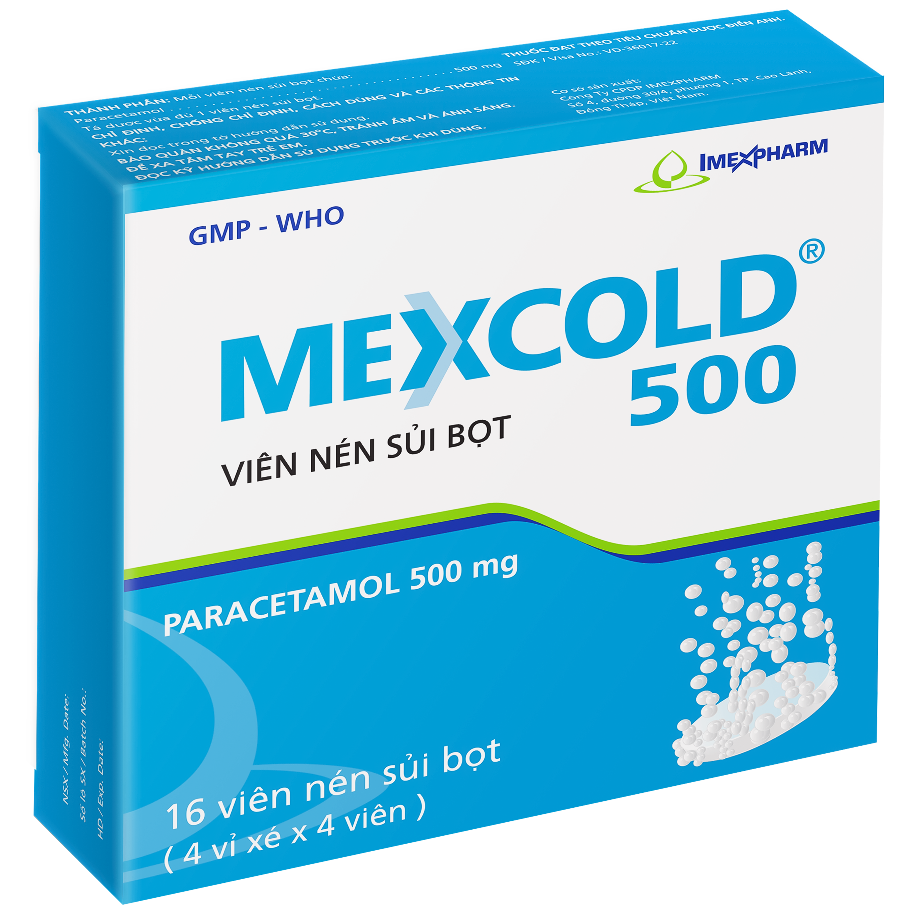 Hình ảnh Thuốc Mexcold 500mg Imexpharm điều trị các chứng đau và sốt từ nhẹ đến vừa (4 vỉ 4 viên)