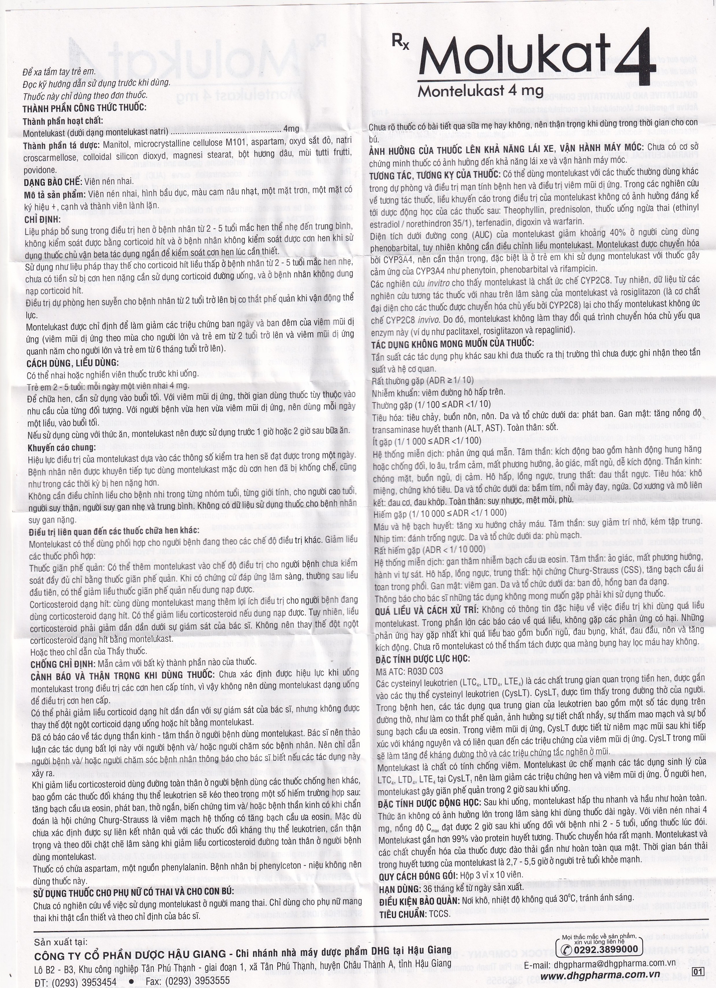 Hình ảnh Thuốc Molukat 4Mg Dhg phòng và điều trị hen suyễn mức nhẹ đến trung bình (3 vỉ x 10 viên)