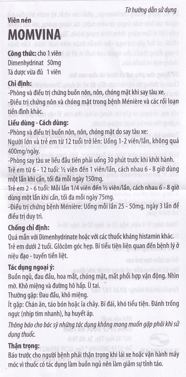 Hình ảnh Thuốc chống say tàu xe Momvina Hadiphar điều trị chứng buồn nôn, nôn, chóng mặt (25 vỉ x 4 viên)