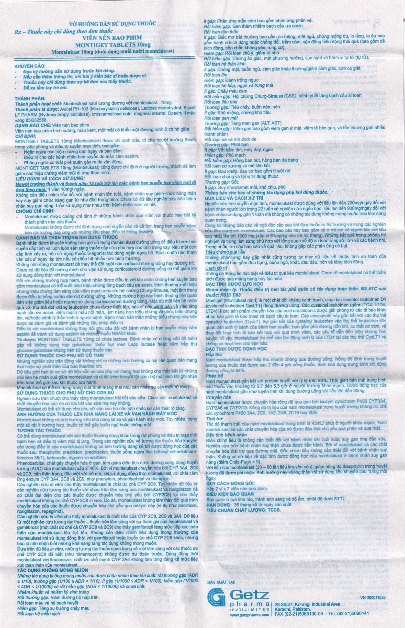Hình ảnh Viên nén Montiget 10mg Getz phòng và điều trị suyễn mạn tính (2 vỉ x 7 viên)