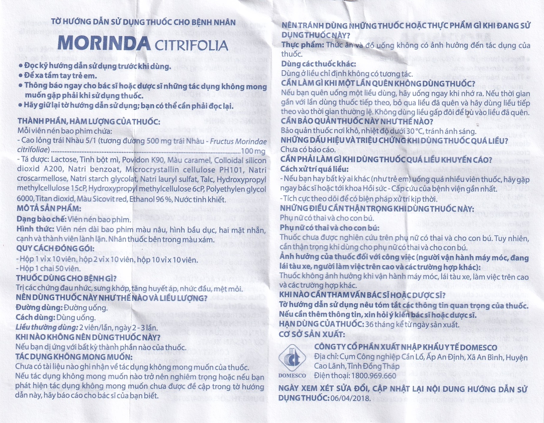 Hình ảnh Thuốc Morinda Citrifolia Domesco điều trị đau nhức, sưng khớp, tăng huyết áp (50 viên)