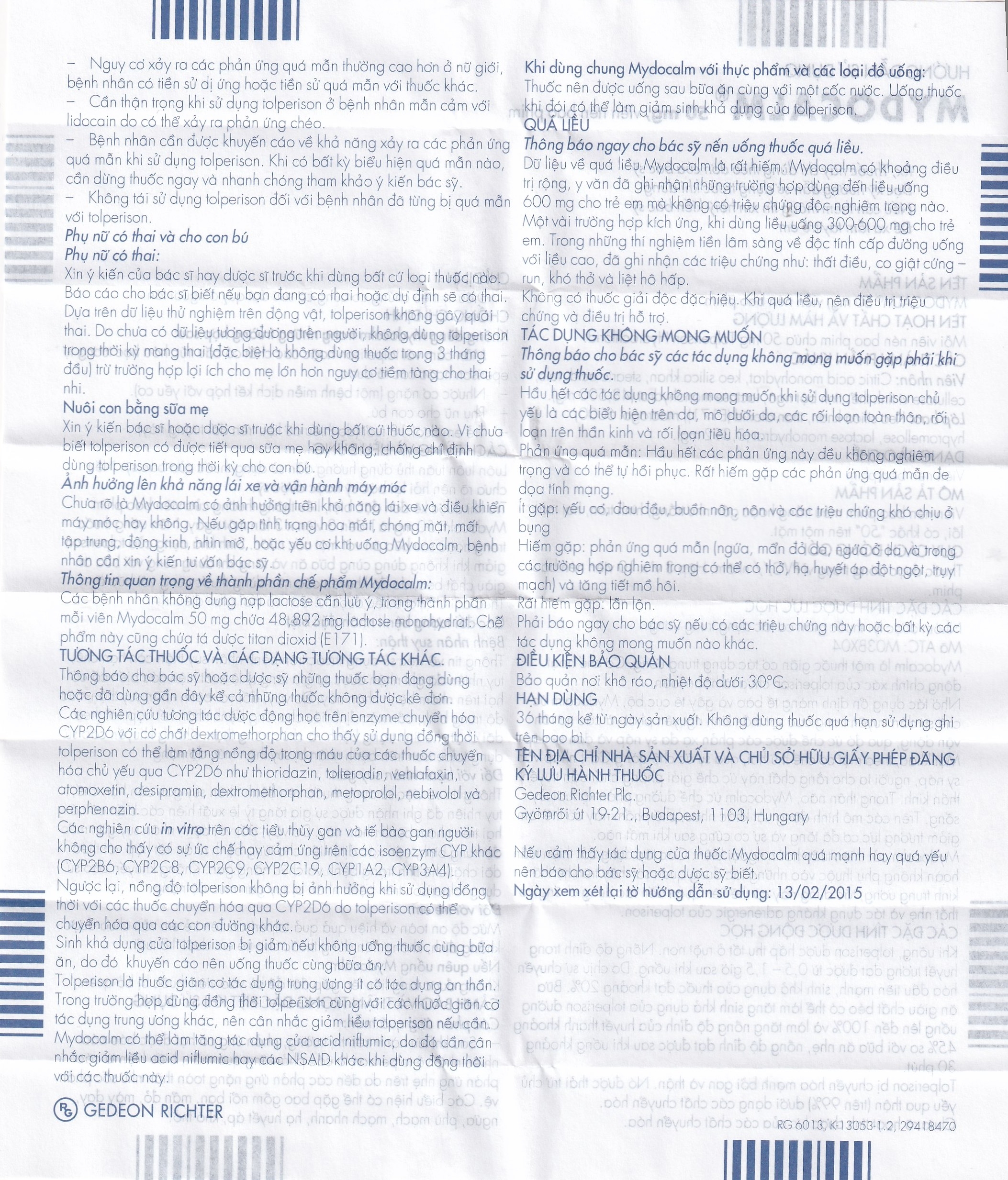 Hình ảnh Viên nén Mydocalm 50mg Gedeon điều trị triệu chứng co cứng cơ sau đột quỵ (3 vỉ x 10 viên)