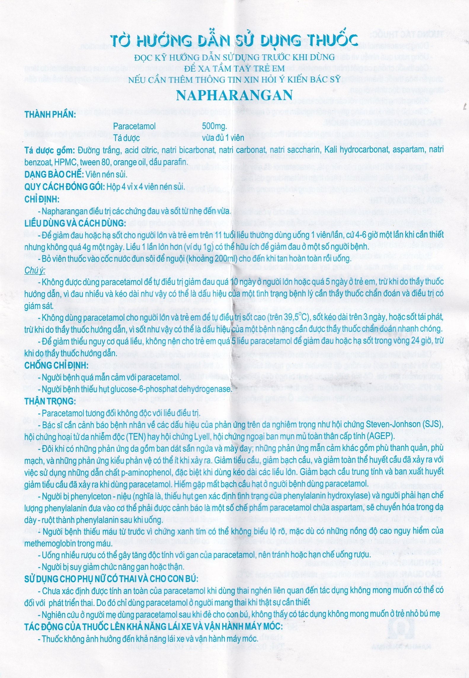 Hình ảnh Viên sủi Napharangan 500mg Nam Hà hạ nhiệt, giảm đau, điều trị sốt từ nhẹ đến vừa (4 vỉ x 4 viên) 