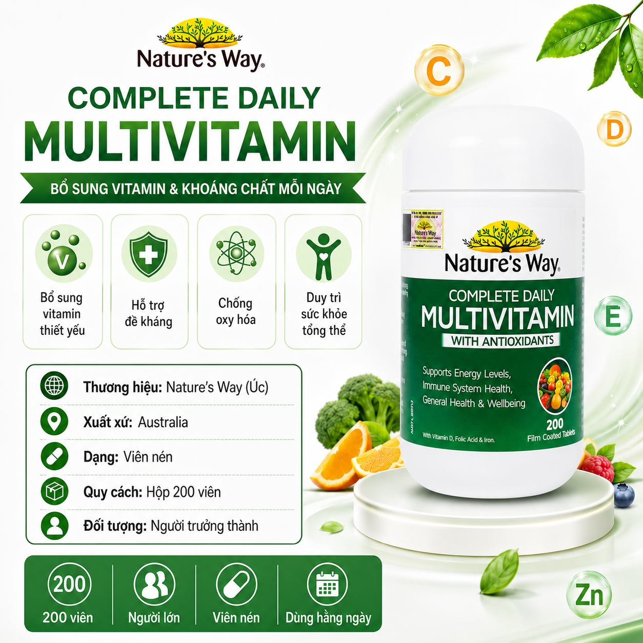 Hình ảnh Viên uống bổ sung Vitamin và khoáng chất, giúp tăng đề kháng Nature's Way Complete Daily Multivitamin(Hộp 200 viên)