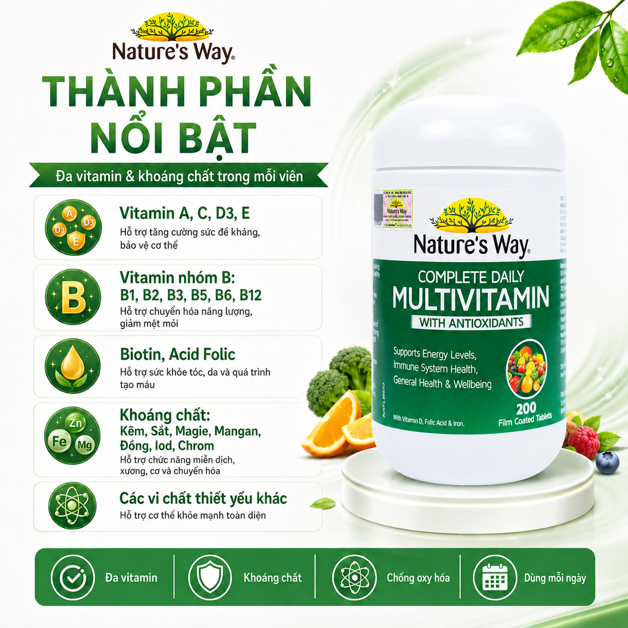 Hình ảnh Viên uống bổ sung Vitamin và khoáng chất, giúp tăng đề kháng Nature's Way Complete Daily Multivitamin(Hộp 200 viên)