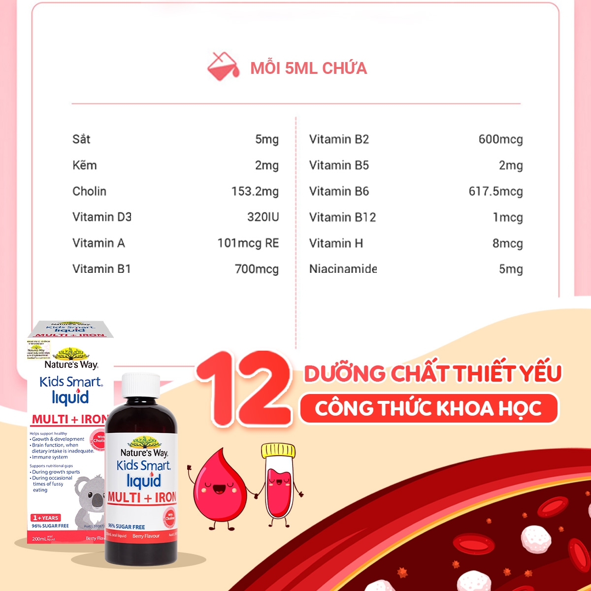 Hình ảnh Siro hỗ trợ tăng sức đề kháng Kids Smart Liquid Multi + Iron Nature's Way (200ml)