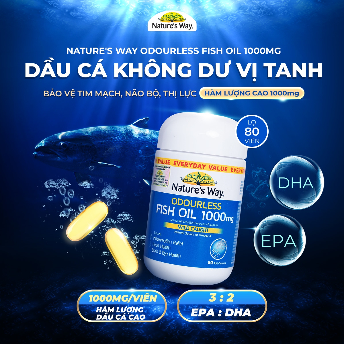 Hình ảnh Viên hỗ trợ bổ não Odourless Fish Oil 1000mg Nature's Way (80 viên)