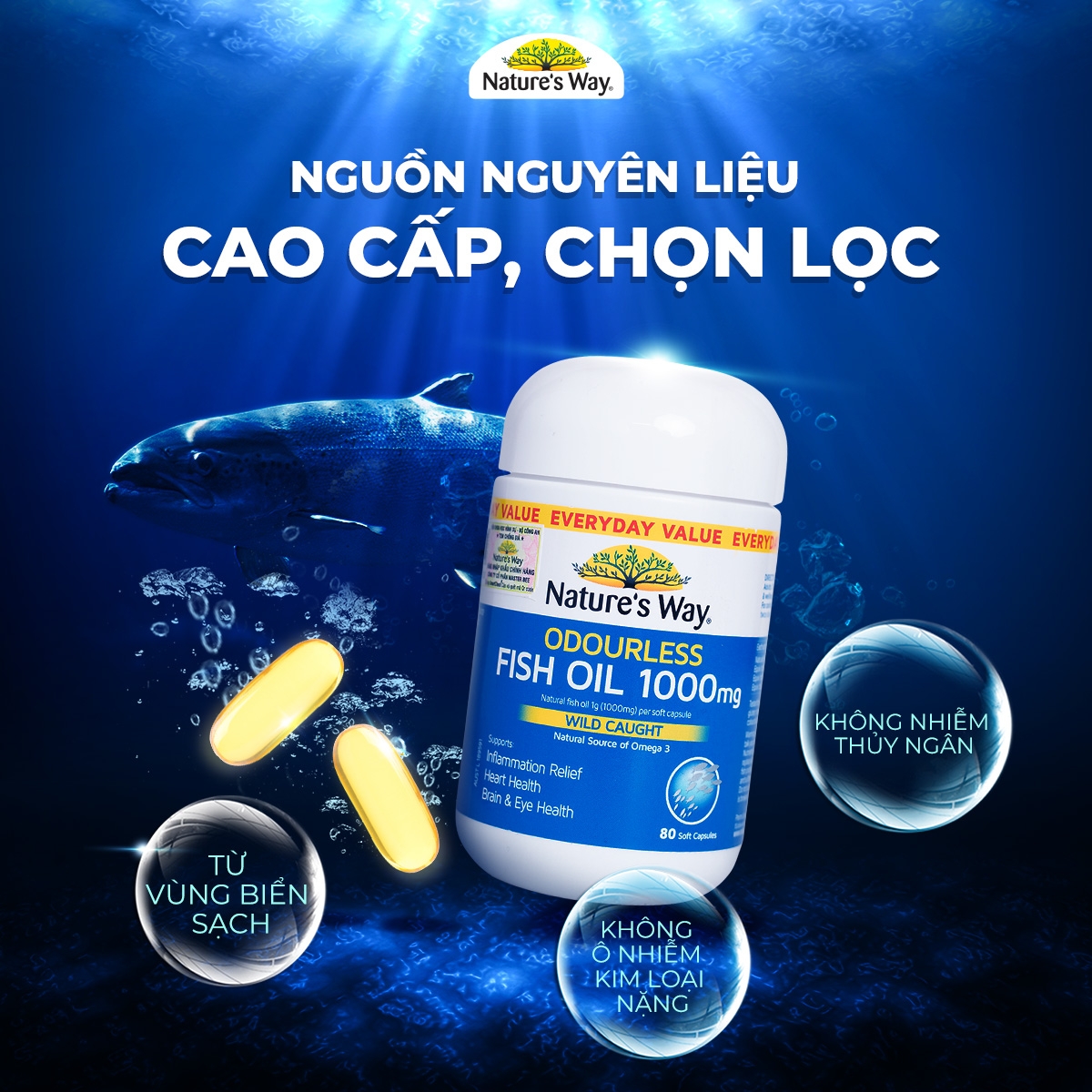 Hình ảnh Viên hỗ trợ bổ não Odourless Fish Oil 1000mg Nature's Way (80 viên)