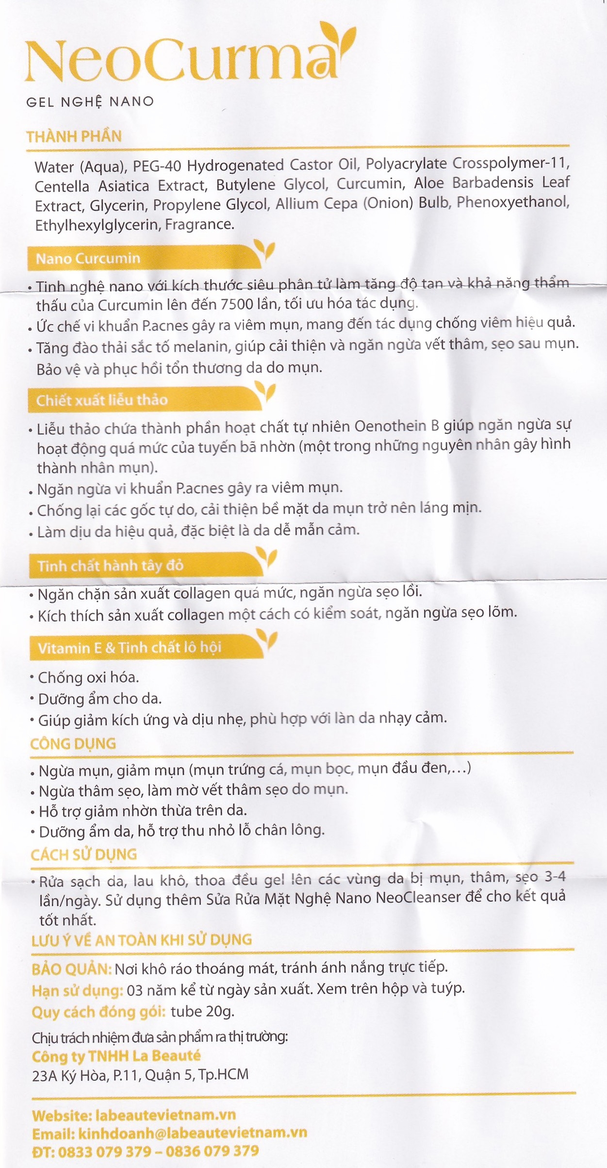 Hình ảnh Gel Nghệ Nano NeoCurma ngừa mụn, ngừa sẹo, mờ vết thâm (20g)