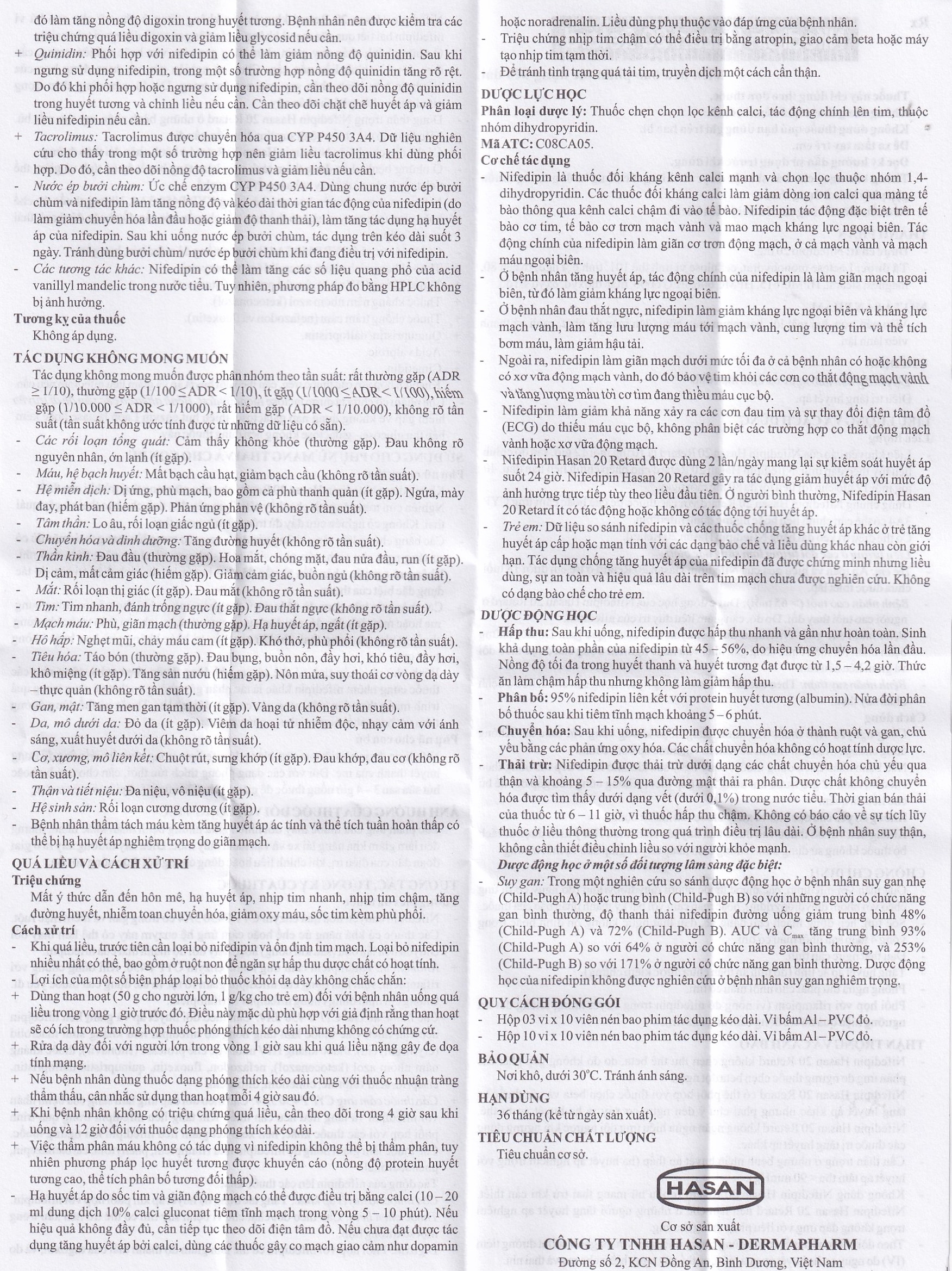 Hình ảnh Viên nén Nifedipin Hasan 20 Retard Hasan điều trị tăng huyết áp (10 vỉ x 10 viên)
