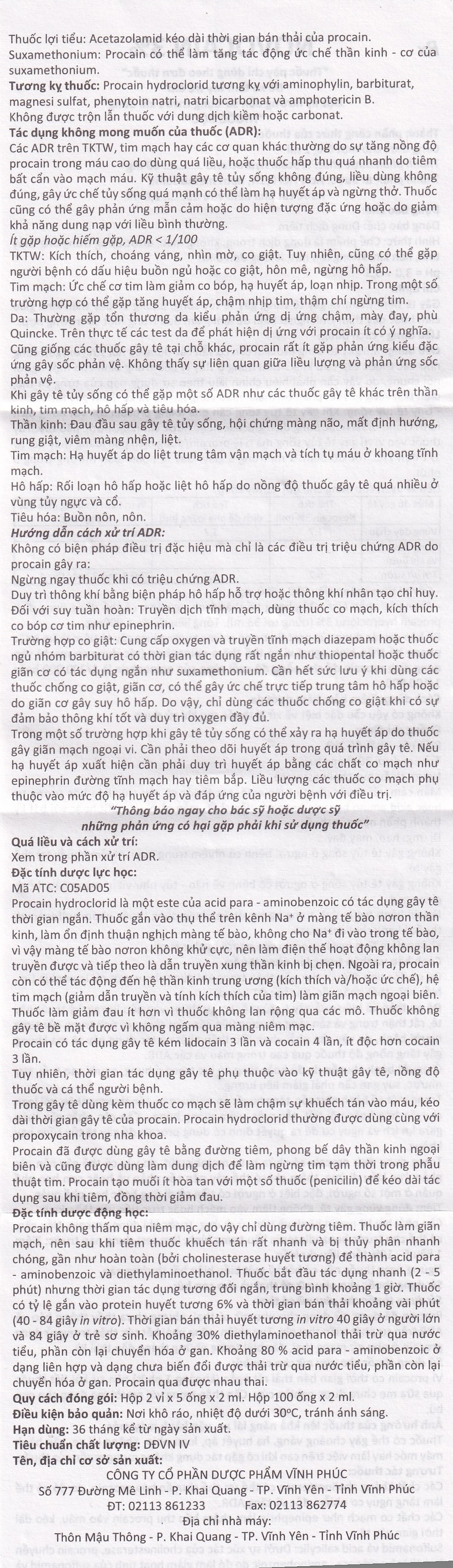 Hình ảnh Dung dịch tiêm Novocain 3% Vinphaco gây tê tiêm thấm, gây tê vùng, gây tê tủy sống (100 ống x 2ml) 