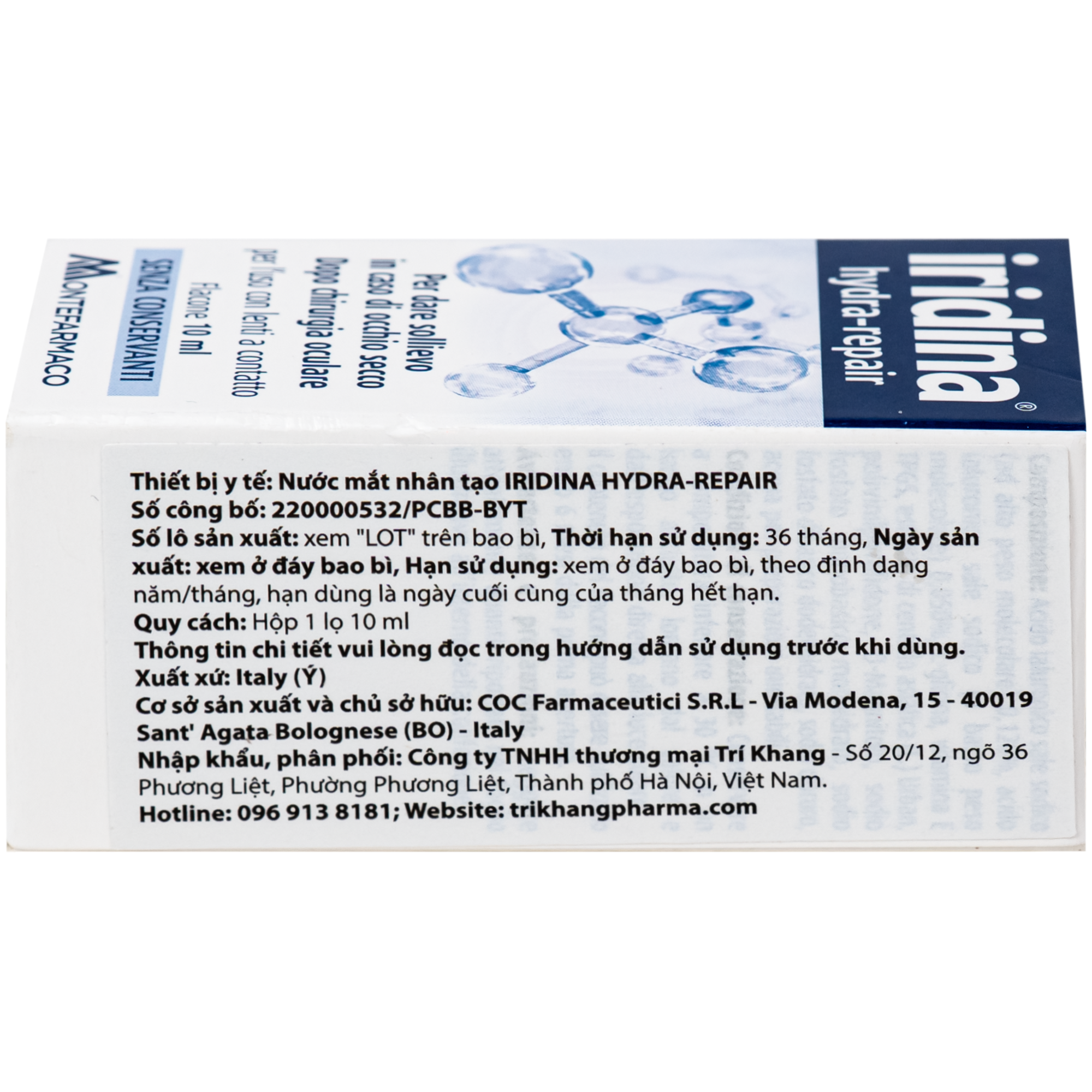 Hình ảnh Nước mắt nhân tạo Iridina hydra-repair Giảm Kích Ứng, khô mắt, bảo vệ và phục hồi nhãn cầu (10ml)