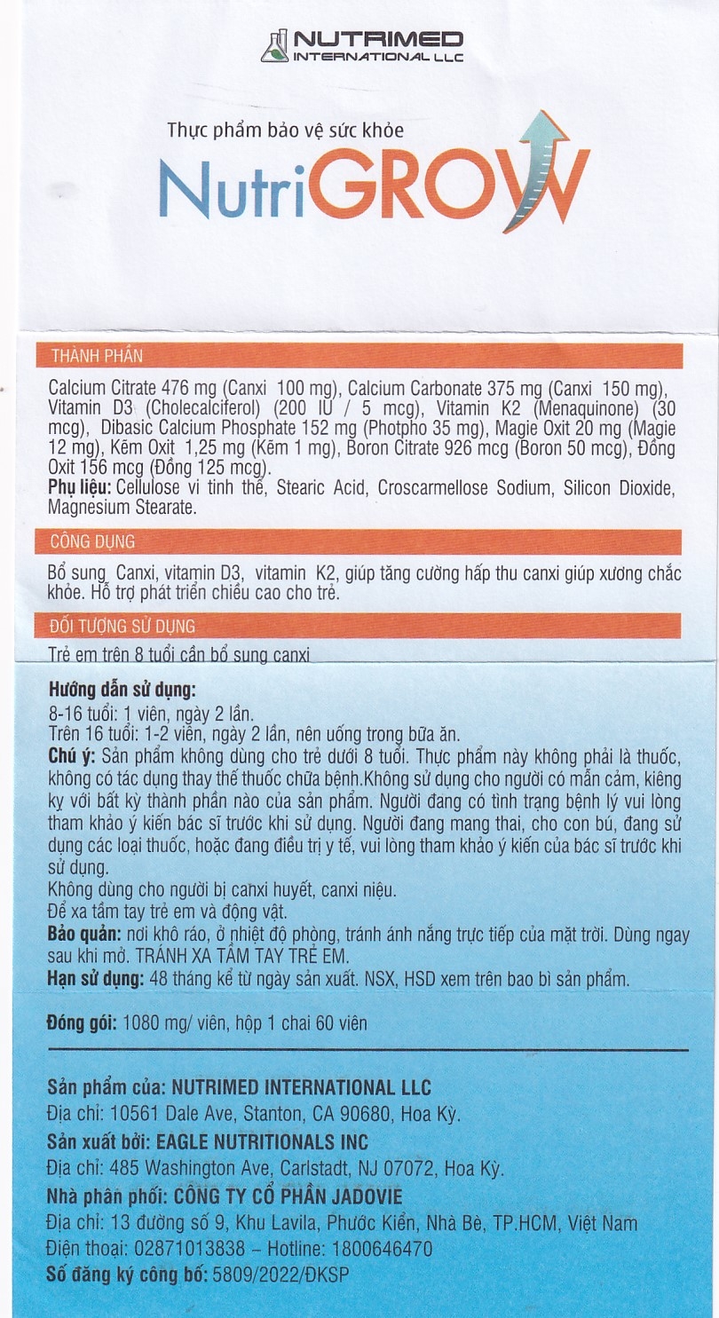 Hình ảnh Viên uống NutriGrow Nutrimed bổ sung canxi, vitamin D3, vitamin K2, hấp thu canxi (60 viên)