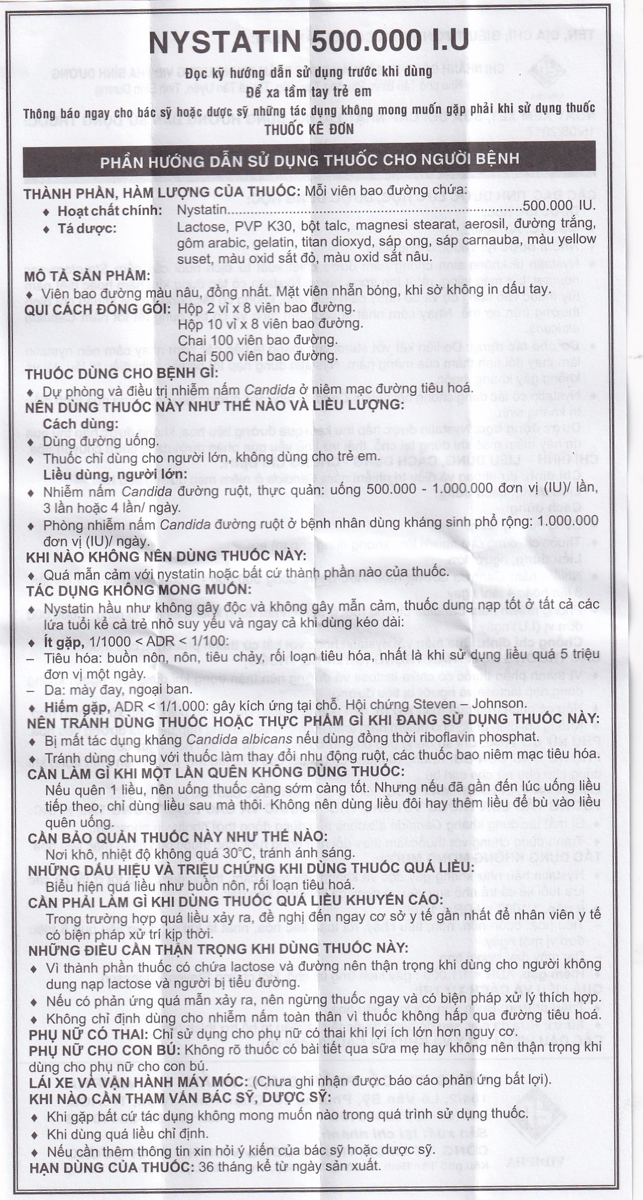 Hình ảnh Thuốc Nystatin 500.000I.U Vidipha dự phòng và điều trị nhiễm nấm Candida (2 vỉ x 8 viên) 
