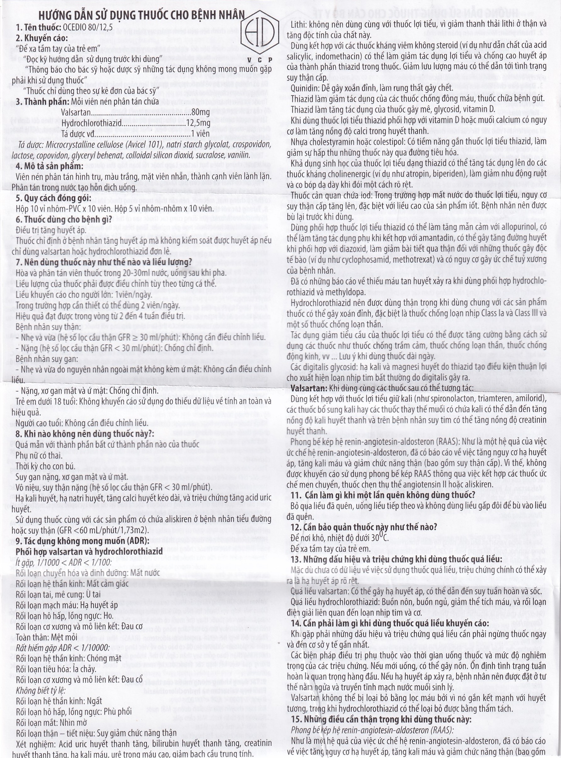 Hình ảnh Thuốc Ocedio 80/12,5 VCP điều trị cao huyết áp (5 vỉ x 10 viên)