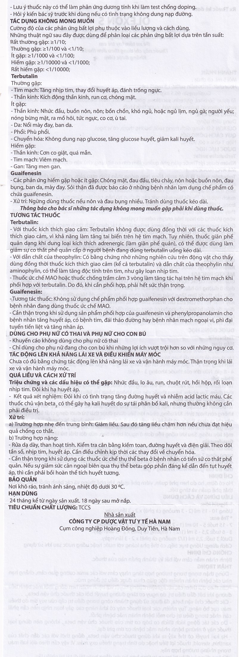 Hình ảnh Dung dịch uống Terbutalin sulfat Guaifenesin OLEXON S Hà Nam điều trị ho có đờm, ho do hen phế quản (90ml)