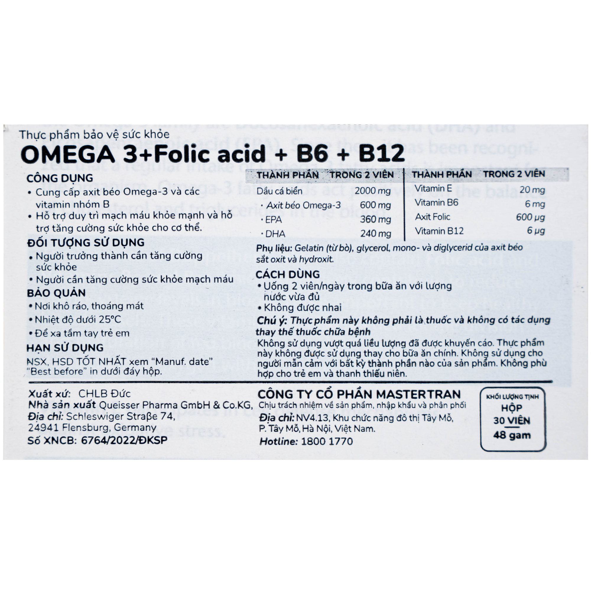 Hình ảnh Viên uống hỗ trợ mạch máu khỏe mạnh Omega-3 + Folic acid + B6 + B12 (3 vỉ x 10 viên)