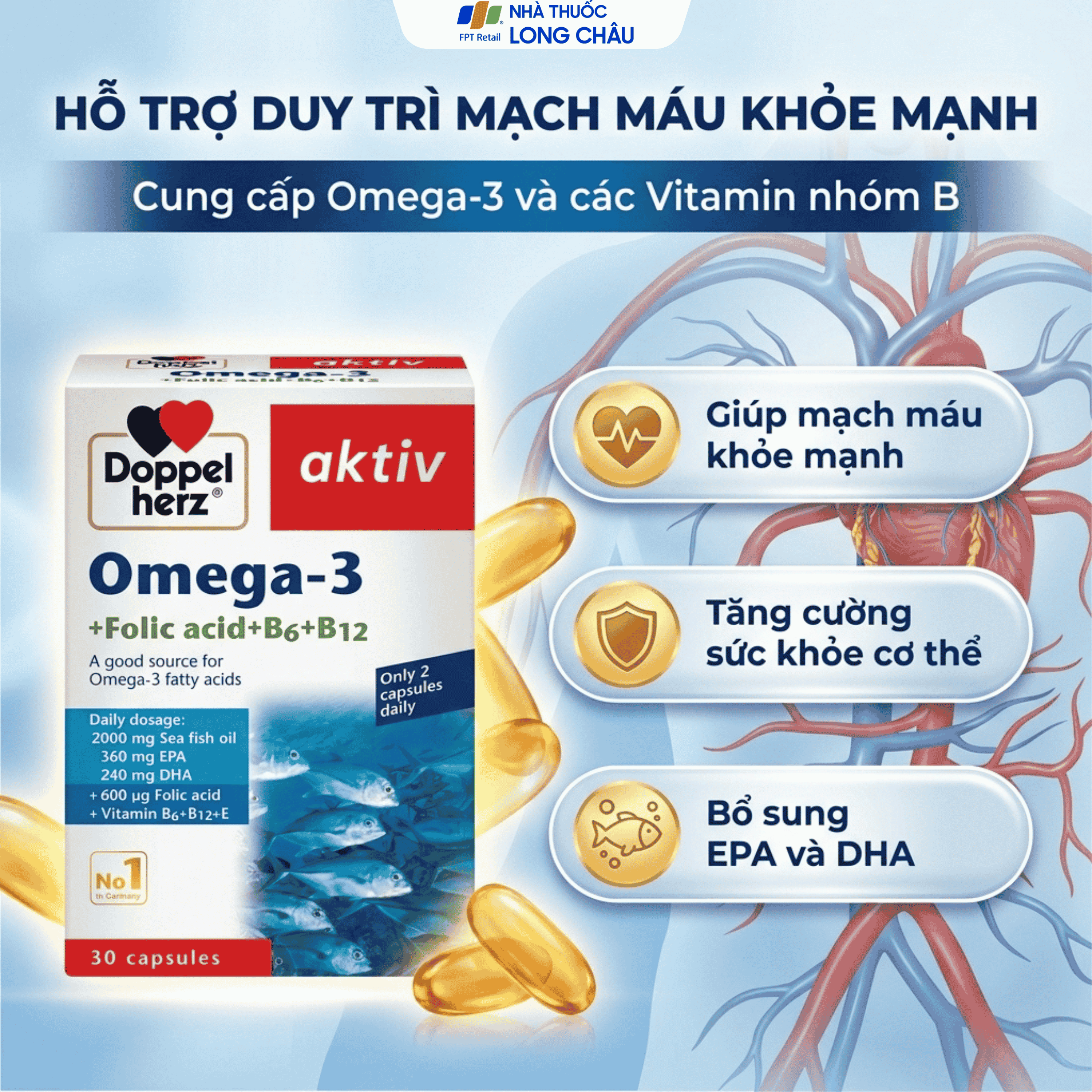 Hình ảnh Viên uống hỗ trợ mạch máu khỏe mạnh Omega-3 + Folic acid + B6 + B12 (3 vỉ x 10 viên)