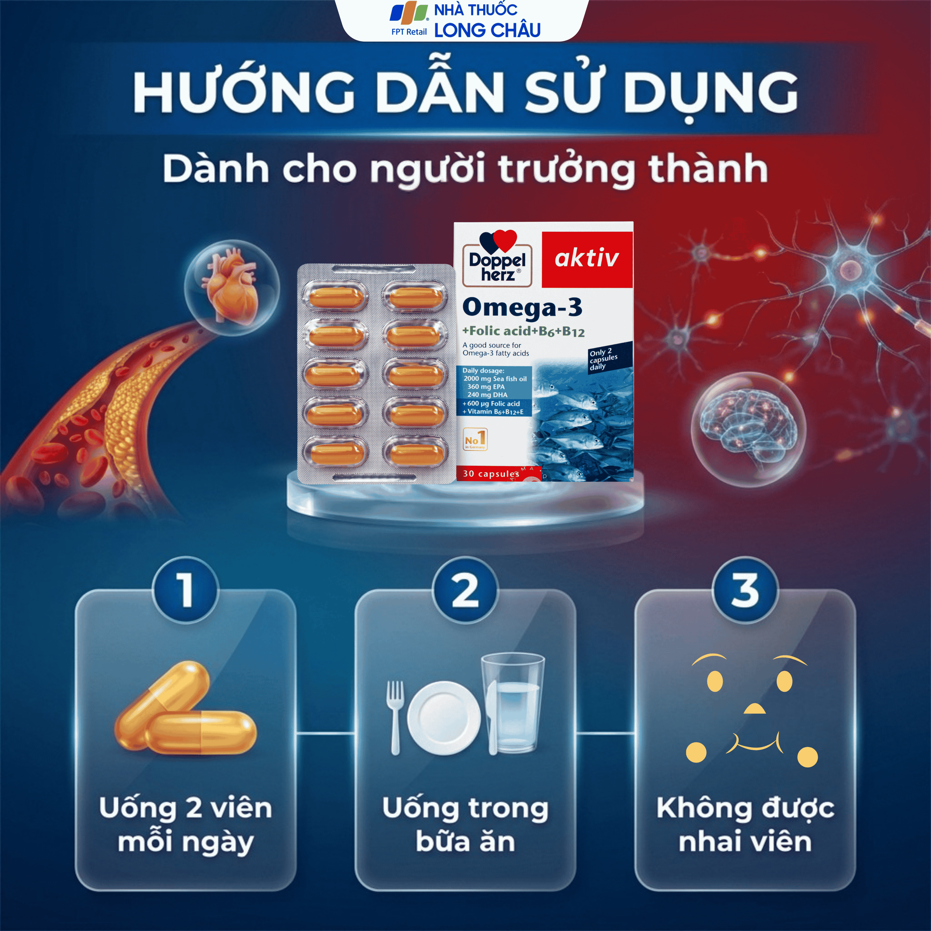 Hình ảnh Viên uống hỗ trợ mạch máu khỏe mạnh Omega-3 + Folic acid + B6 + B12 (3 vỉ x 10 viên)