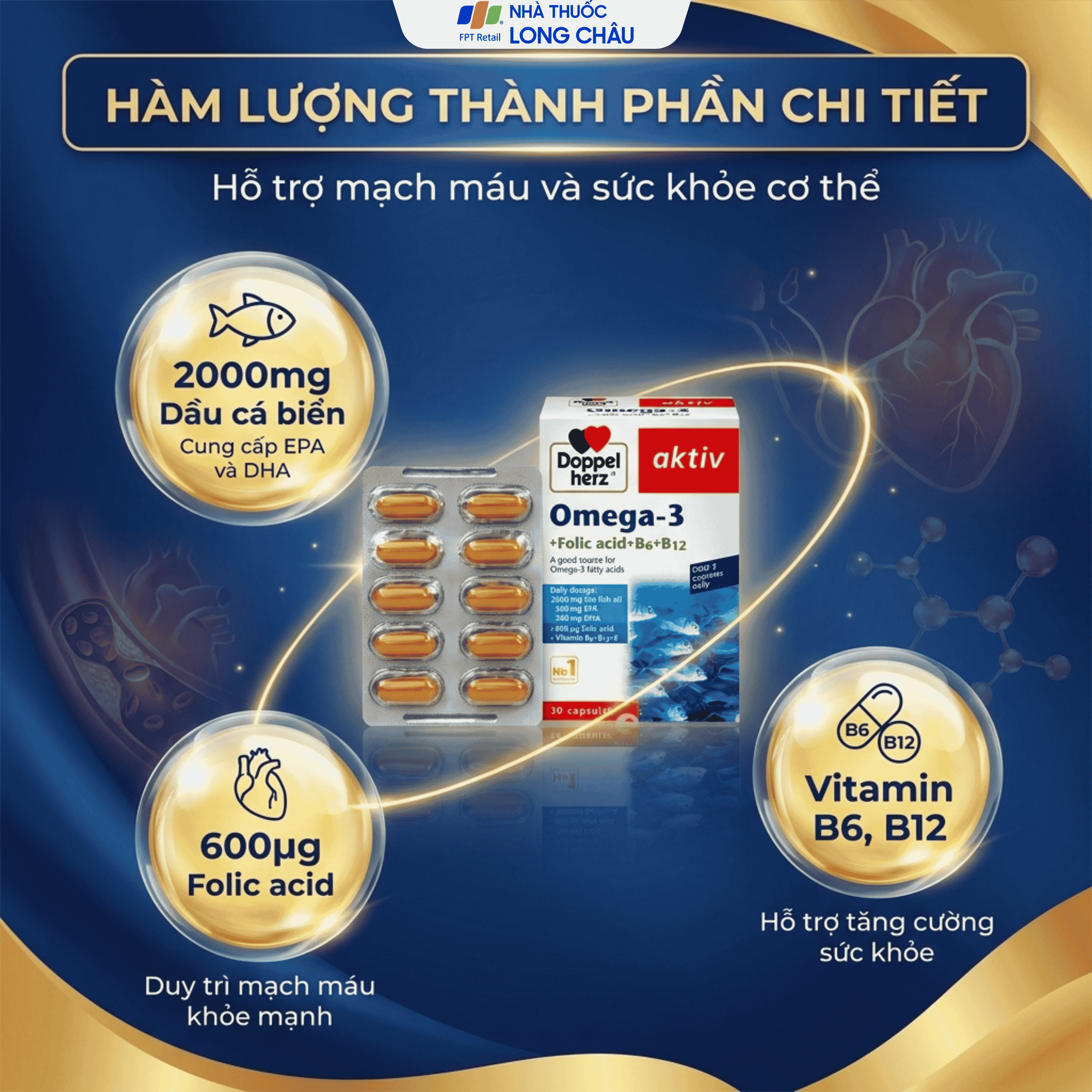 Hình ảnh Viên uống hỗ trợ mạch máu khỏe mạnh Omega-3 + Folic acid + B6 + B12 (3 vỉ x 10 viên)