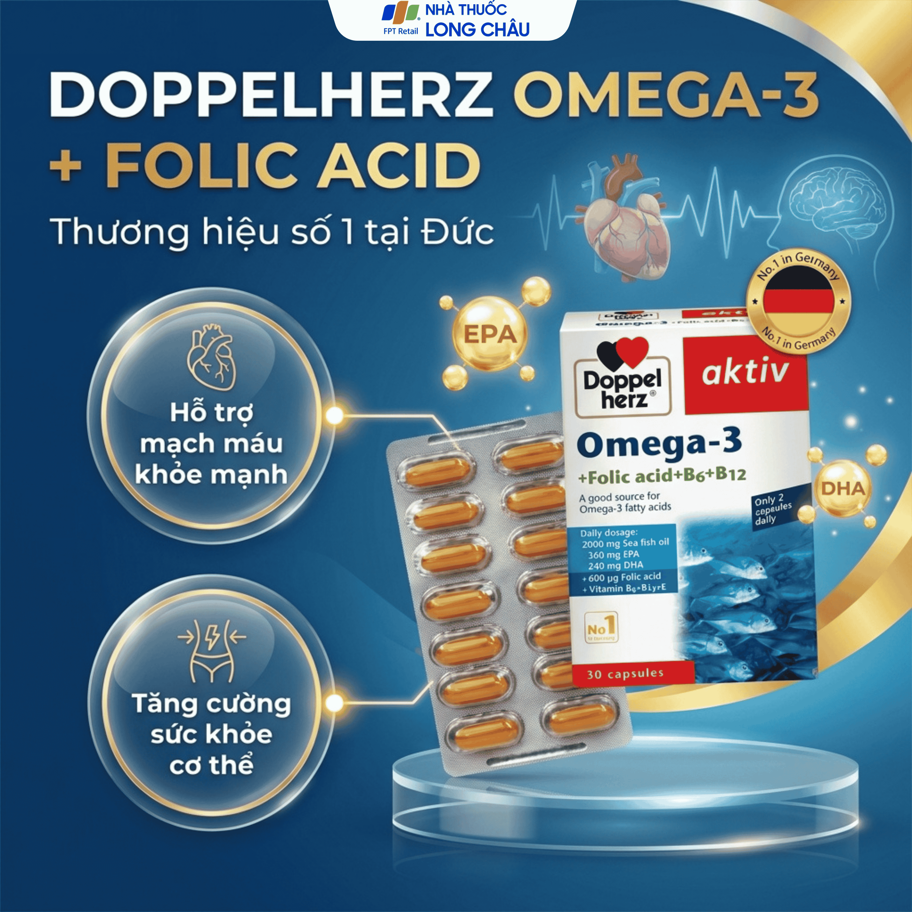 Hình ảnh Viên uống hỗ trợ mạch máu khỏe mạnh Omega-3 + Folic acid + B6 + B12 (3 vỉ x 10 viên)