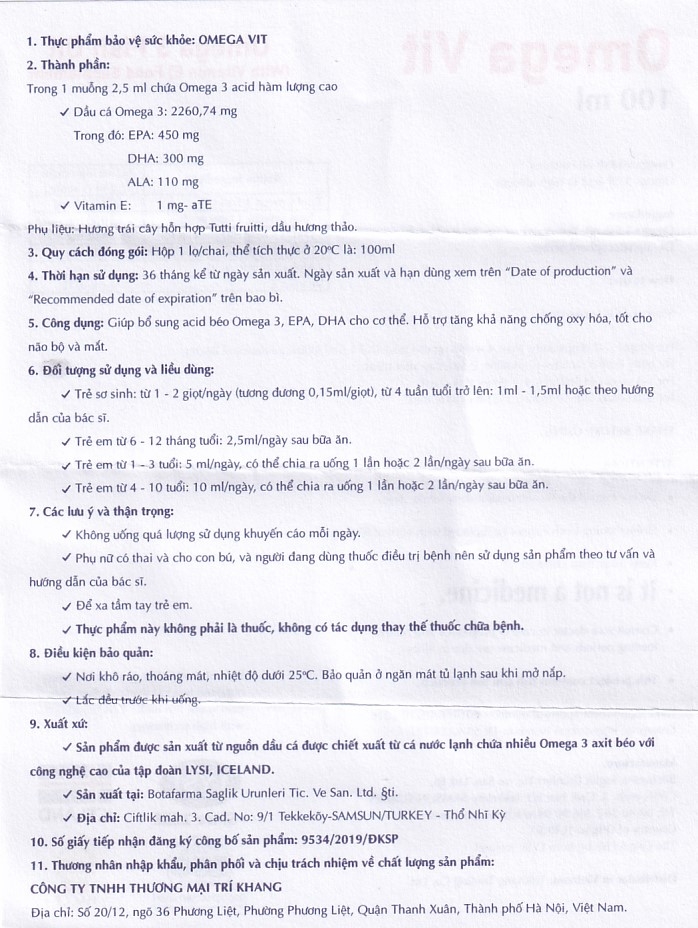 Hình ảnh Thực phẩm bảo vệ sức khỏe Omega Vit Botafarma hỗ trợ tăng khả năng chống oxy hóa, tốt cho não bộ và mắt (100ml)