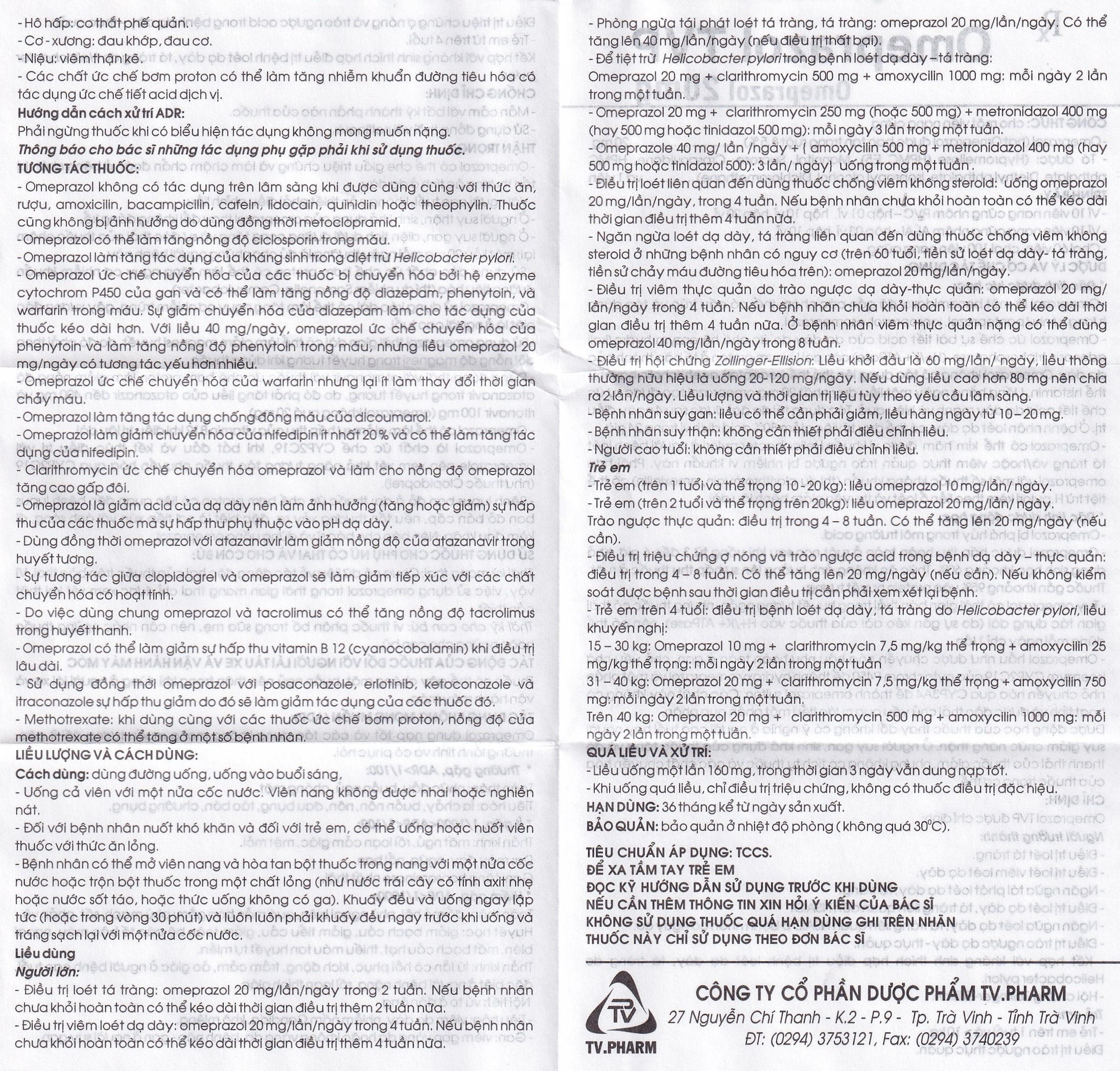 Hình ảnh Viên nang cứng Omeprazol TVP 20mg điều trị loét tá tràng, viêm loét dạ dày (3 vỉ x 10 viên)