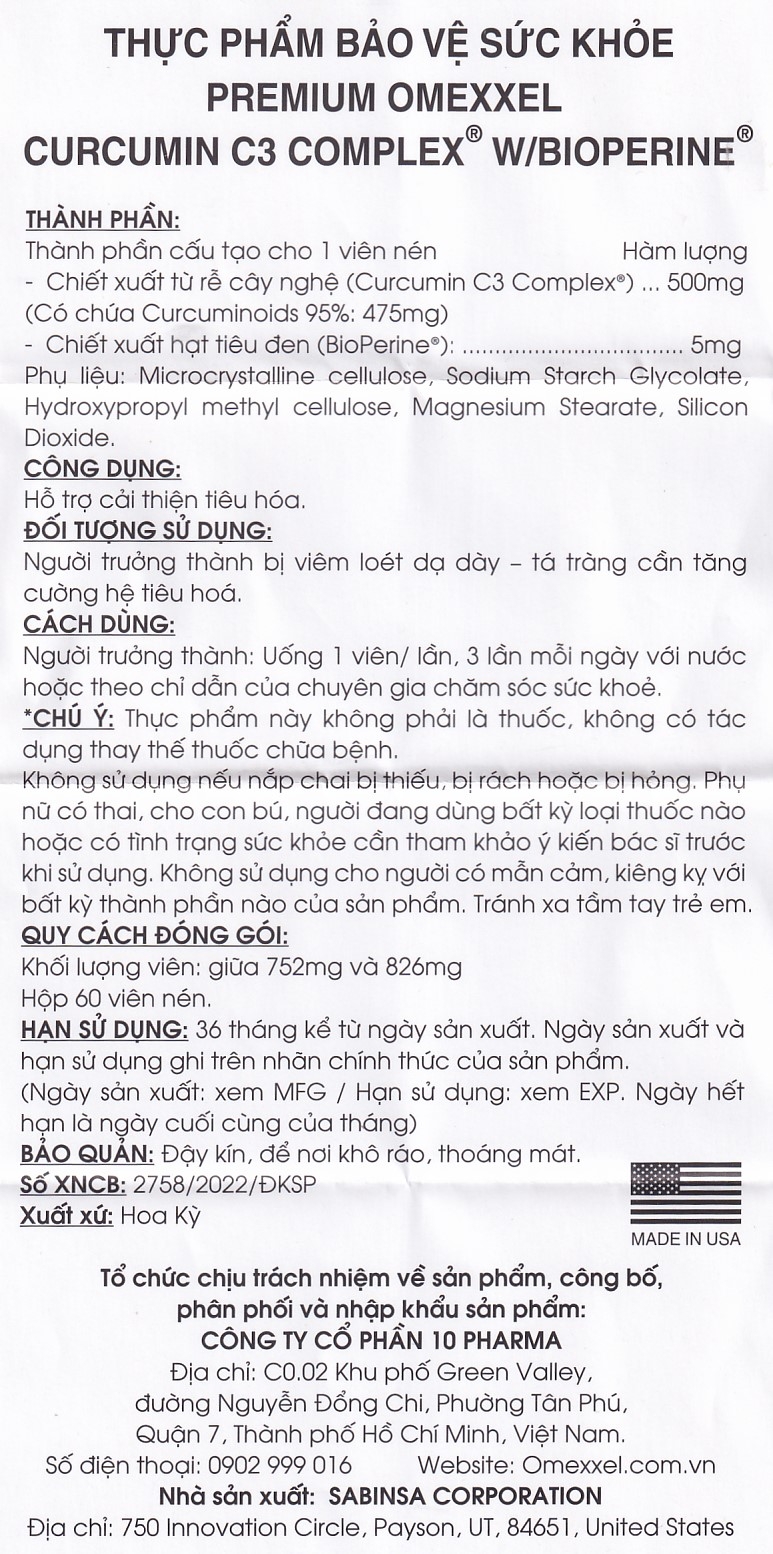 Hình ảnh Viên uống Premium Omexxel Curcumin C3 Complex W/Bioperine hỗ trợ cải thiện tiêu hóa (60 viên)