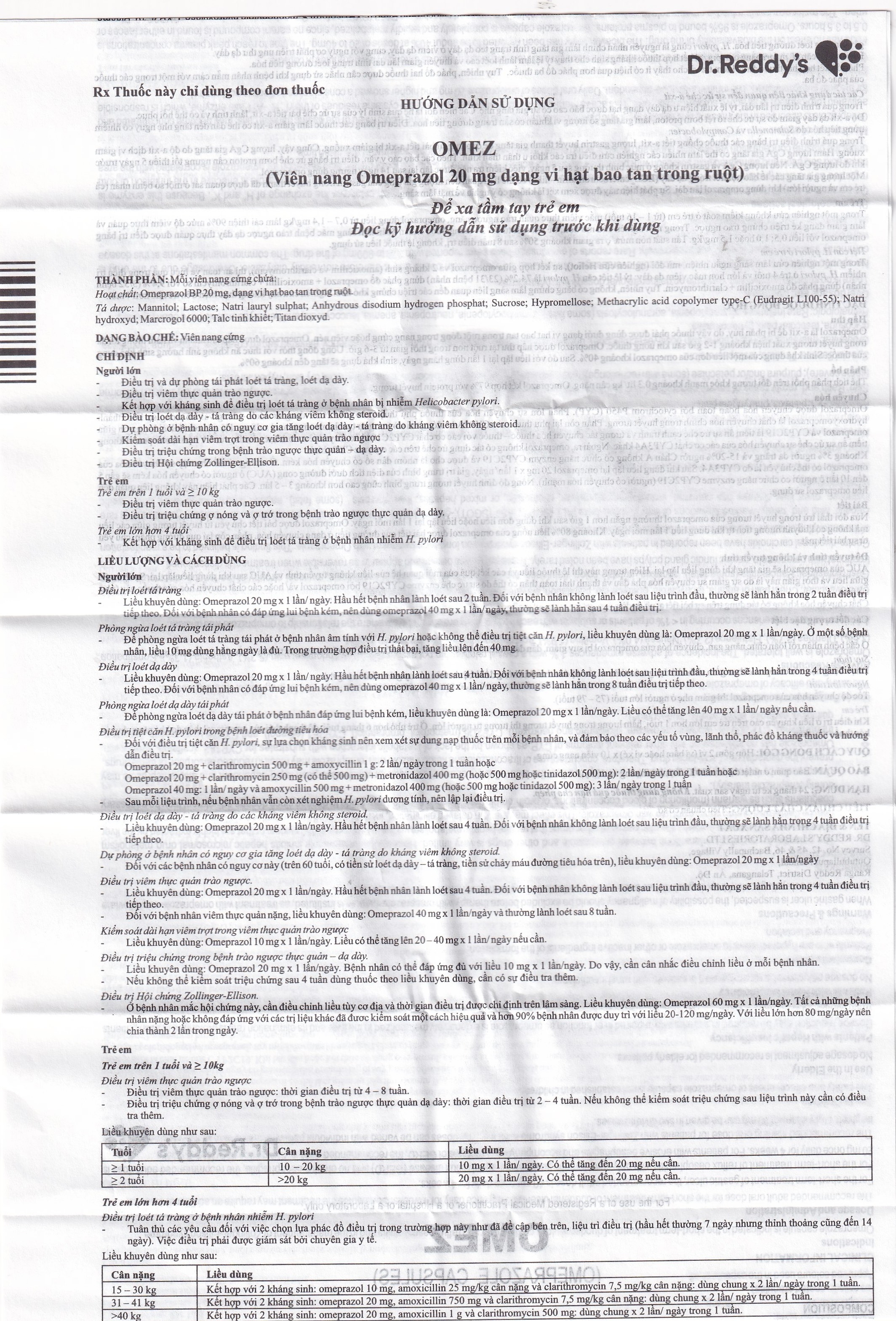 Hình ảnh Viên nang cứng Omez 20mg Dr.Reddy's điều trị và dự phòng tái phát loét tá tràng (2 vỉ x 10 viên)