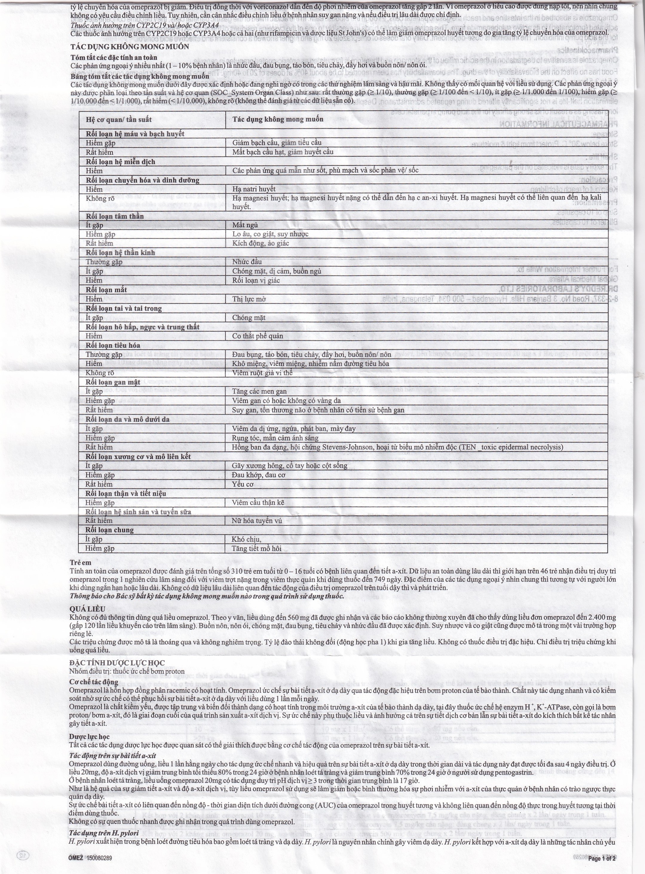 Hình ảnh Viên nang cứng Omez 20mg Dr.Reddy's điều trị và dự phòng tái phát loét tá tràng (2 vỉ x 10 viên)