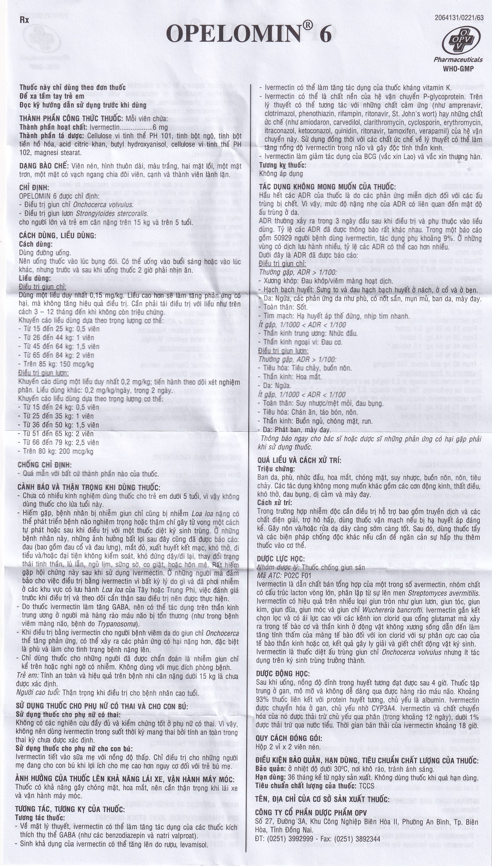 Hình ảnh Viên nén Opelomin 6 OPV điều trị giun chỉ, giun lươn (2 vỉ x 2 viên)