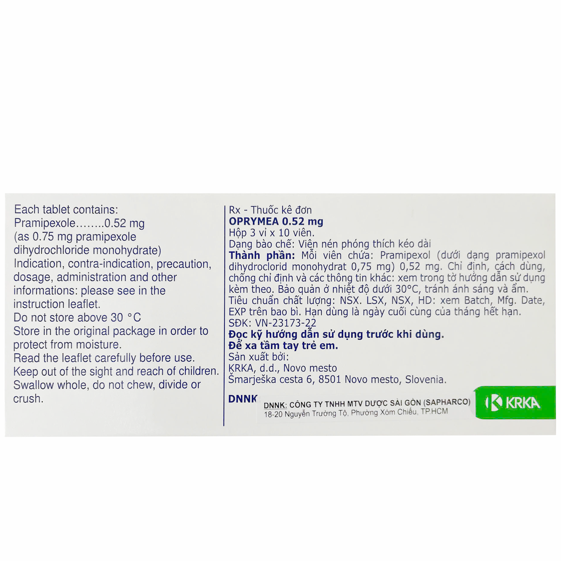 Hình ảnh Thuốc Oprymea Prolonged-Release Tablet 0,52MG Krka điều trị các triệu chứng của bệnh Parkinson nguyên phát Ở người lớn (3 vỉ 10 viên)