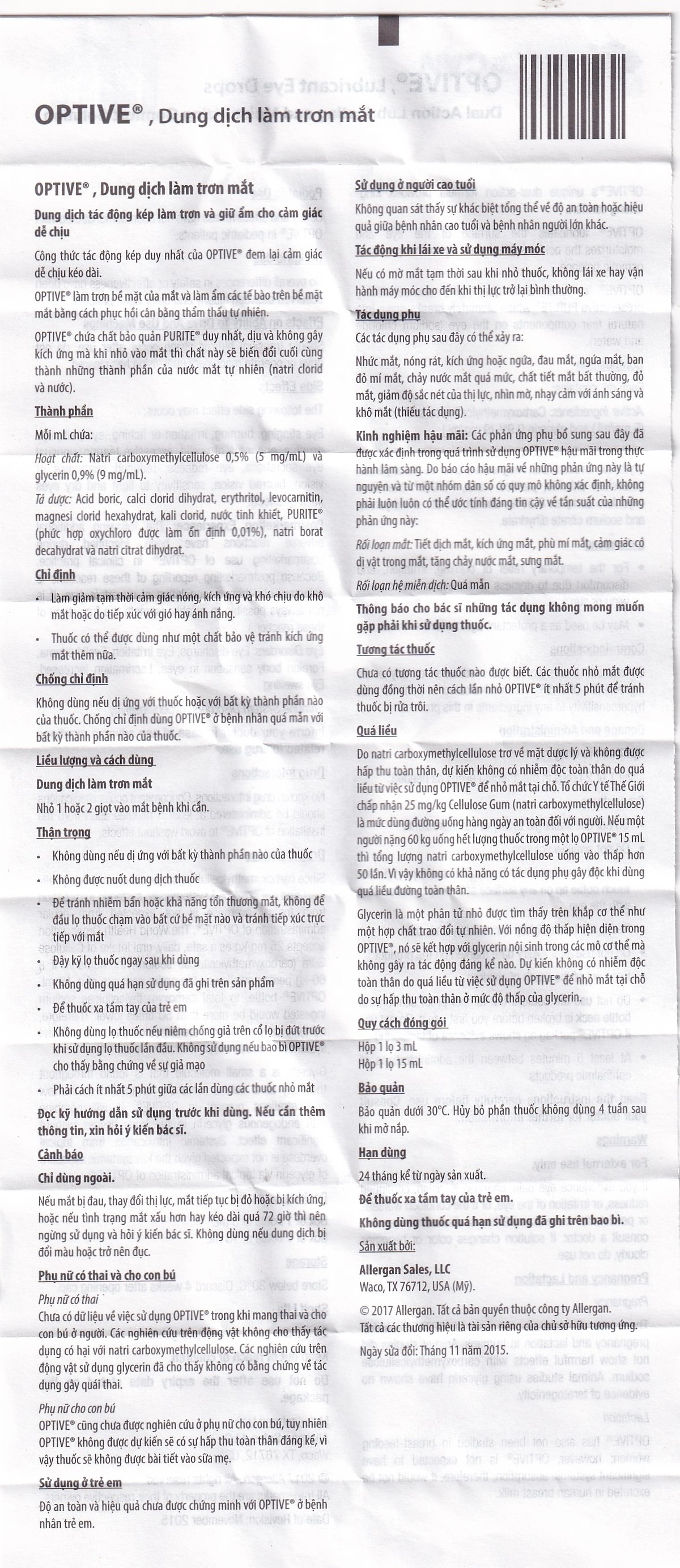 Hình ảnh Thuốc nhỏ mắt Optive Allergan giảm nóng, kích ứng và khó chịu do khô mắt (15ml)