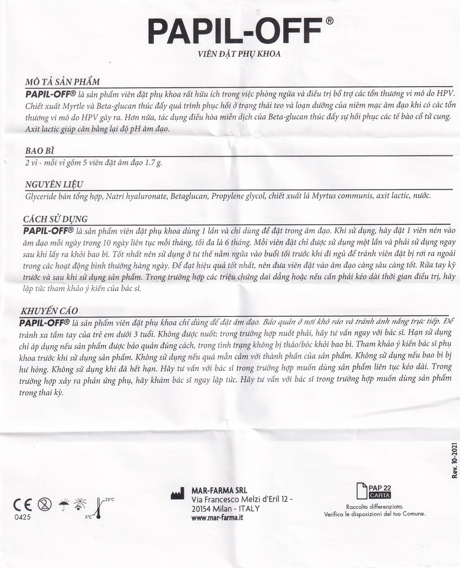 Hình ảnh Viên đặt âm đạo Papil-Off Mar-Farma giúp phòng ngừa và hỗ trợ điều trị các tổn thương do HPV (2 vỉ x 5 viên)