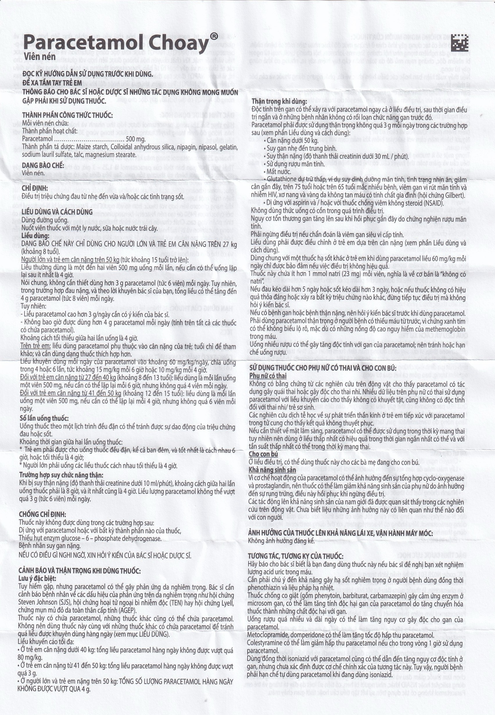 Hình ảnh Viên nén Paracetamol Choay 500mg Sanofi điều trị triệu chứng đau từ nhẹ đến vừa, sốt (10 vỉ x 10 viên)