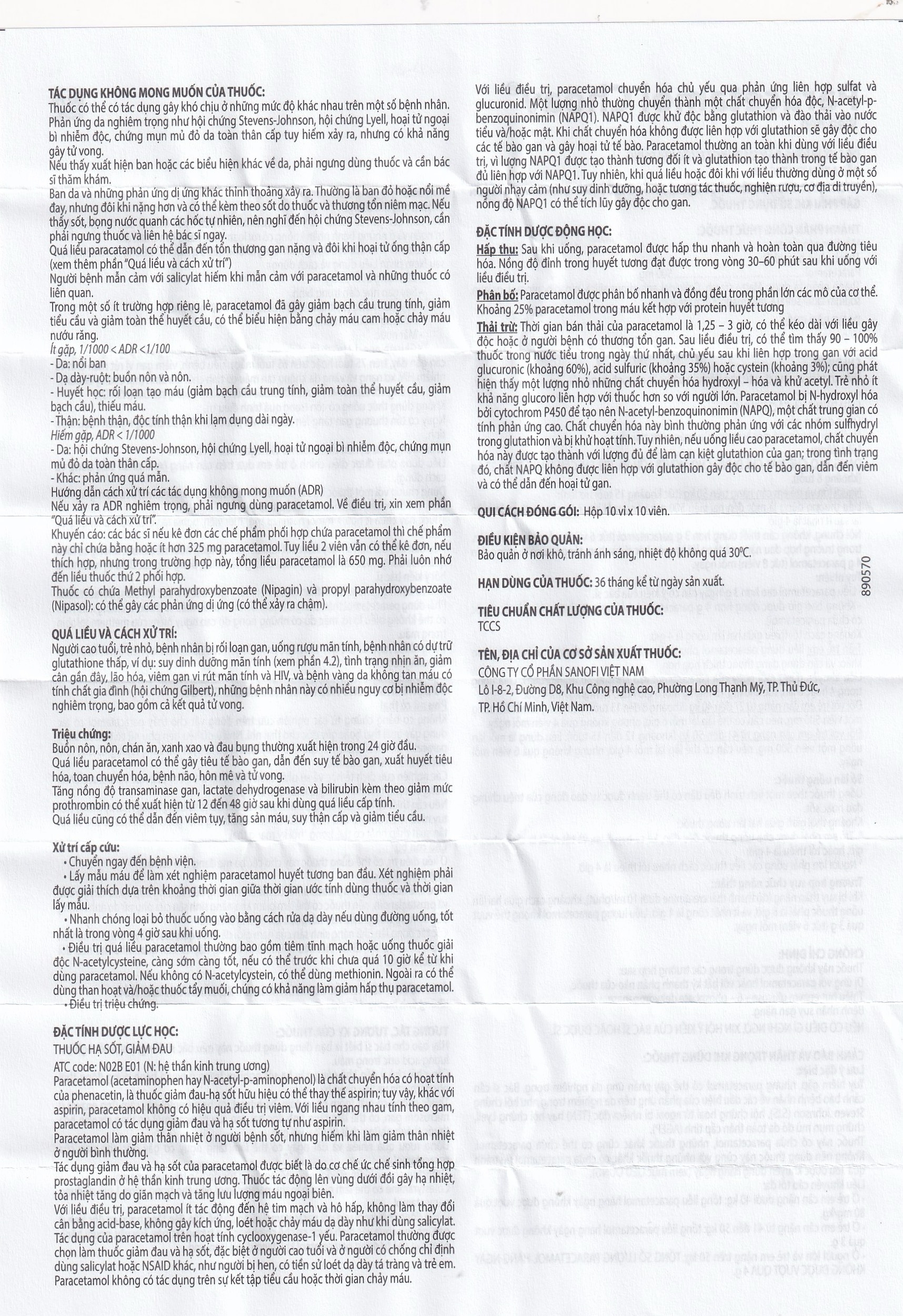 Hình ảnh Viên nén Paracetamol Choay 500mg Sanofi điều trị triệu chứng đau từ nhẹ đến vừa, sốt (10 vỉ x 10 viên)