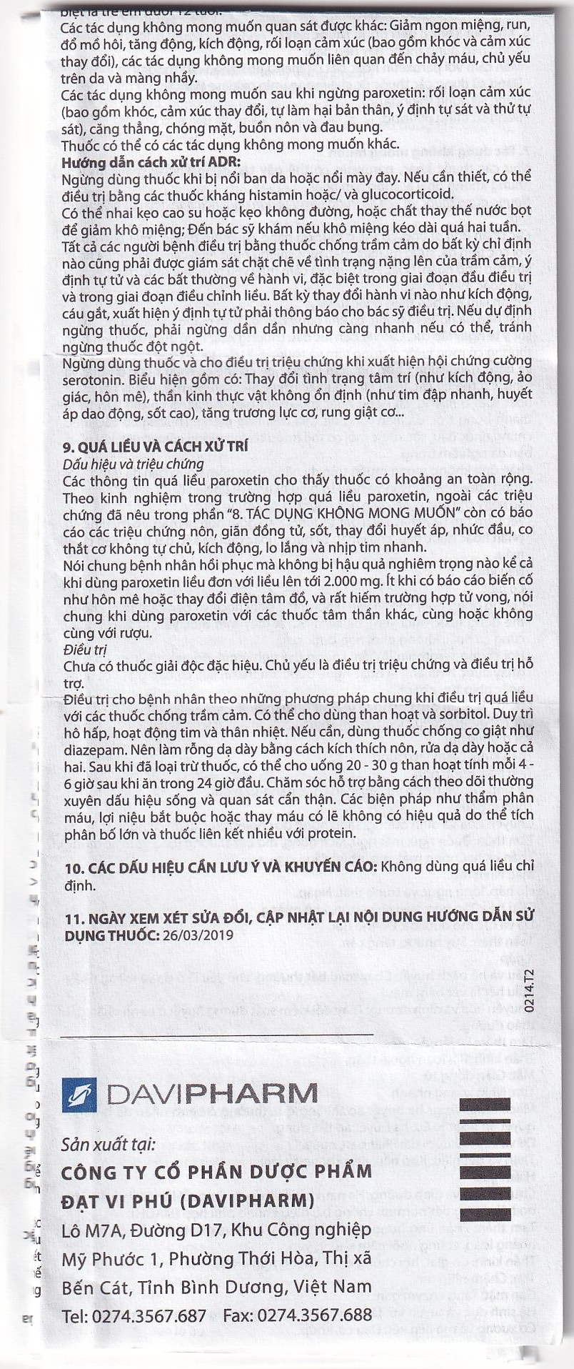 Hình ảnh Viên nén Parokey 20mg DaViPharm điều trị trầm cảm, rối loạn ám ảnh cưỡng bức (3 vỉ x 10 viên) 