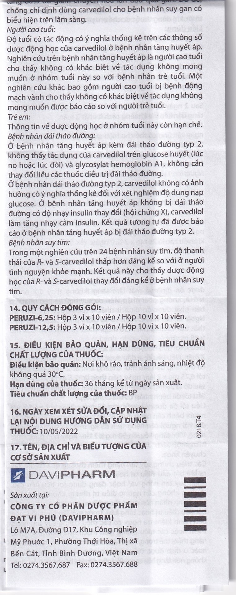 Hình ảnh Viên nén Peruzi-6,25 DaViPharm chống tăng huyết áp, chống đau thắt ngực (3 vỉ x 10 viên)