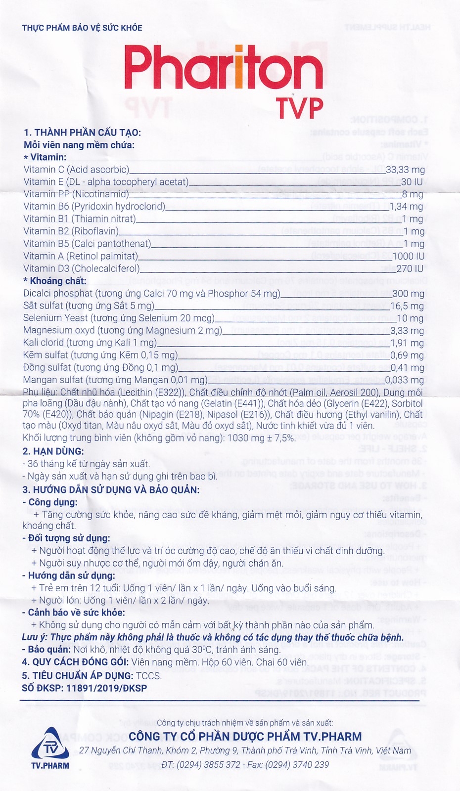 Hình ảnh Viên uống Phariton TVPharma hỗ trỡ tăng cường sức khỏe, nâng cao sức đề kháng (12 vỉ x 5 viên)