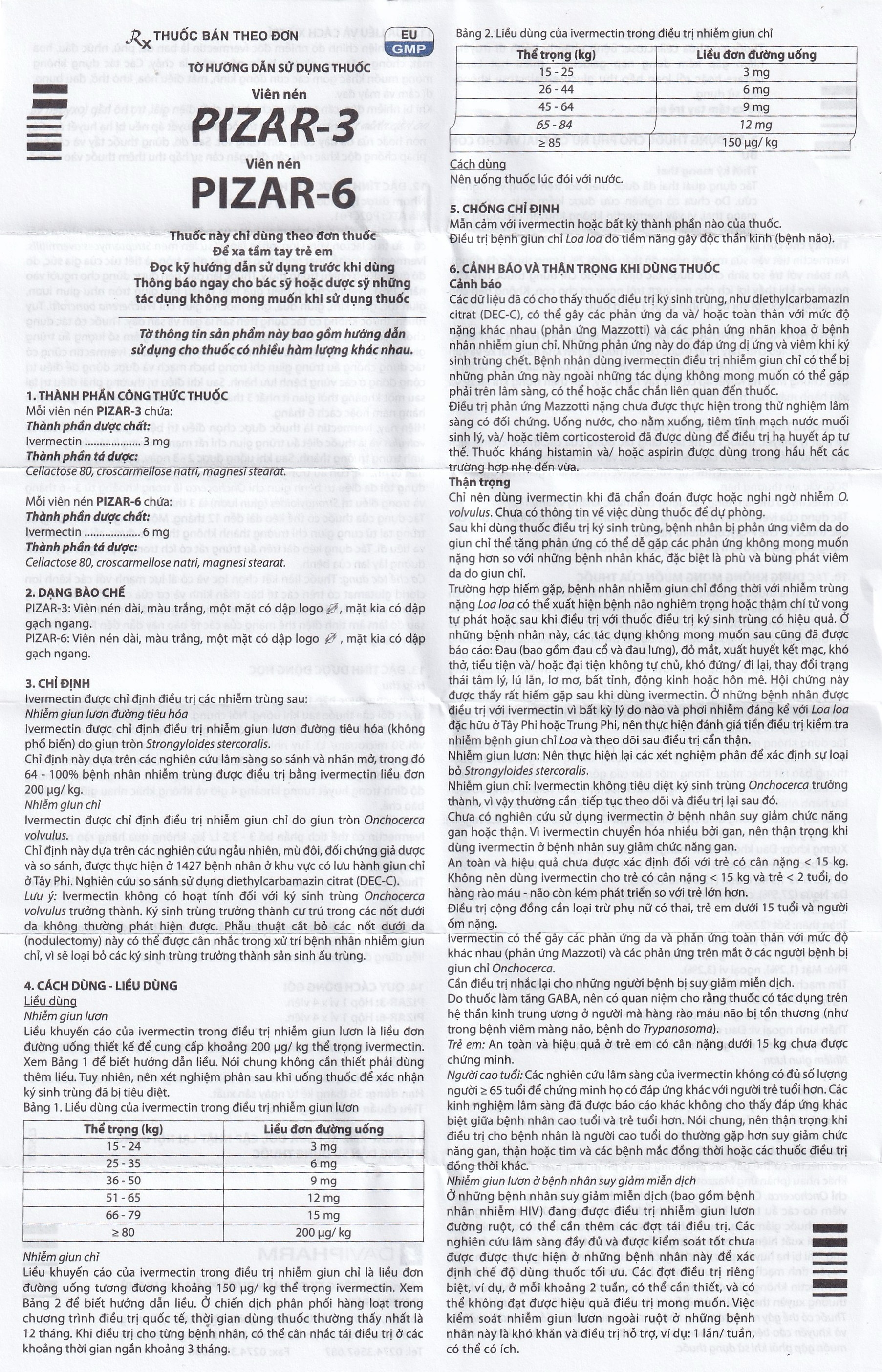 Hình ảnh Viên nén Pizar-6 DaViPharm điều trị các bệnh nhiễm giun lươn, giun chỉ (1 vỉ x 4 viên)