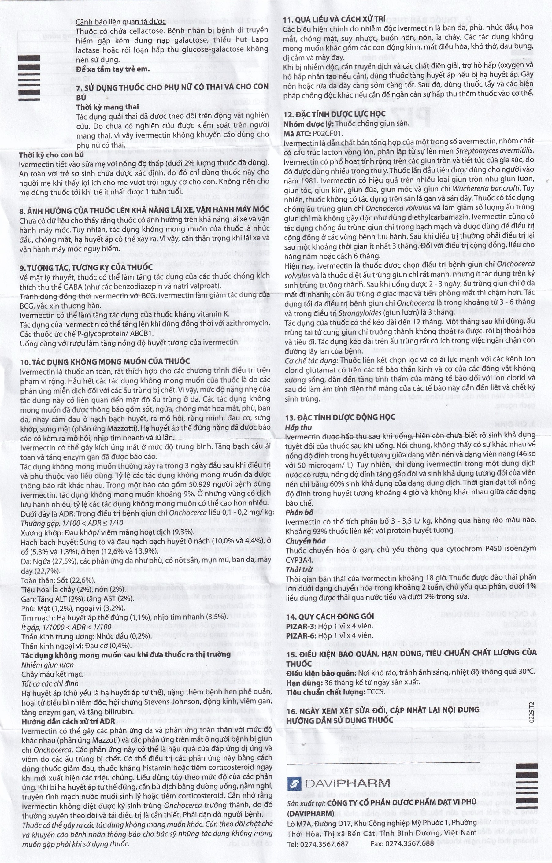 Hình ảnh Viên nén Pizar-6 DaViPharm điều trị các bệnh nhiễm giun lươn, giun chỉ (1 vỉ x 4 viên)