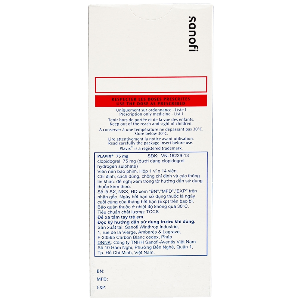 Hình ảnh Thuốc Plavix 75mg Sanofi giảm nguy cơ thành lập cục máu đông, huyết khối (1 vỉ x 14 viên)
