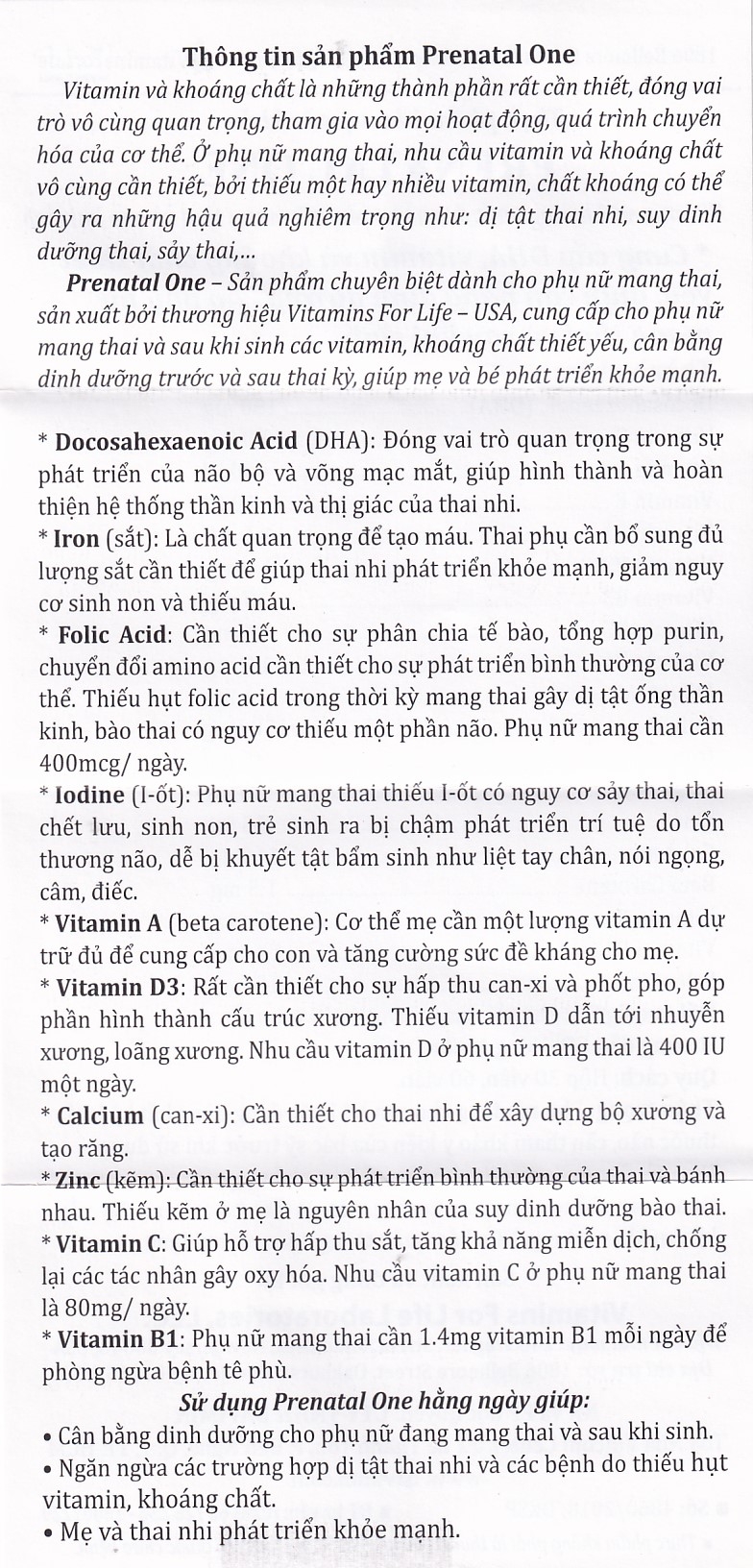 Hình ảnh Thực phẩm bảo vệ sức khỏe Prenatal One Vitamins For Life cung cấp DHA, vitamin và khoáng chất