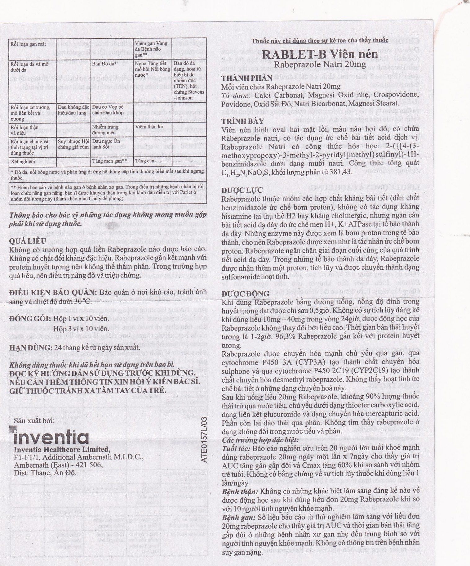 Hình ảnh Thuốc Rablet-B Inventia điều trị loét do hội chứng trào ngược dạ dày, thực quản (3 vỉ x 10 viên)