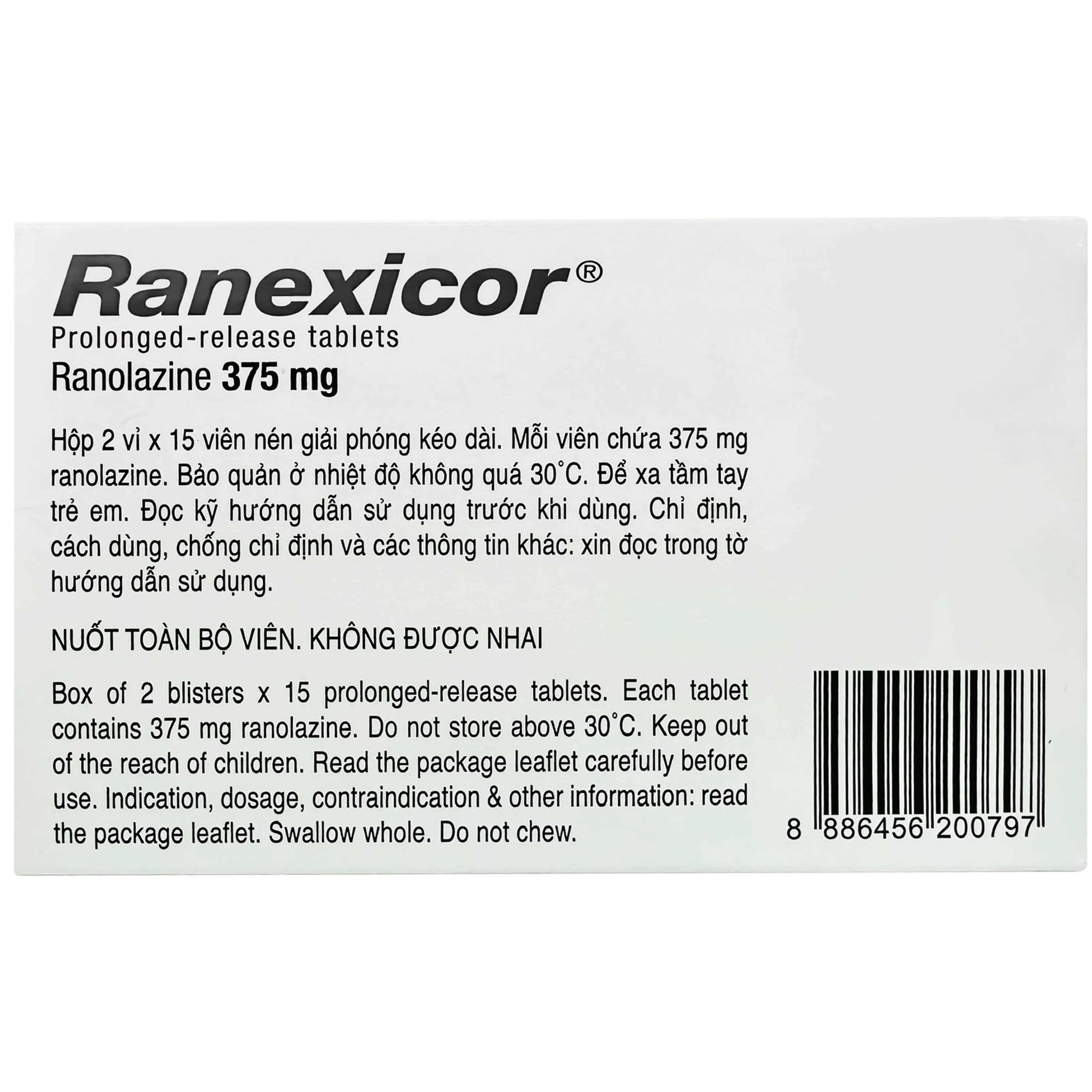 Hình ảnh Thuốc Ranexicor 375MG Menarini điều trị đau thắt ngực mãn tính (2 vỉ x 15 viên)