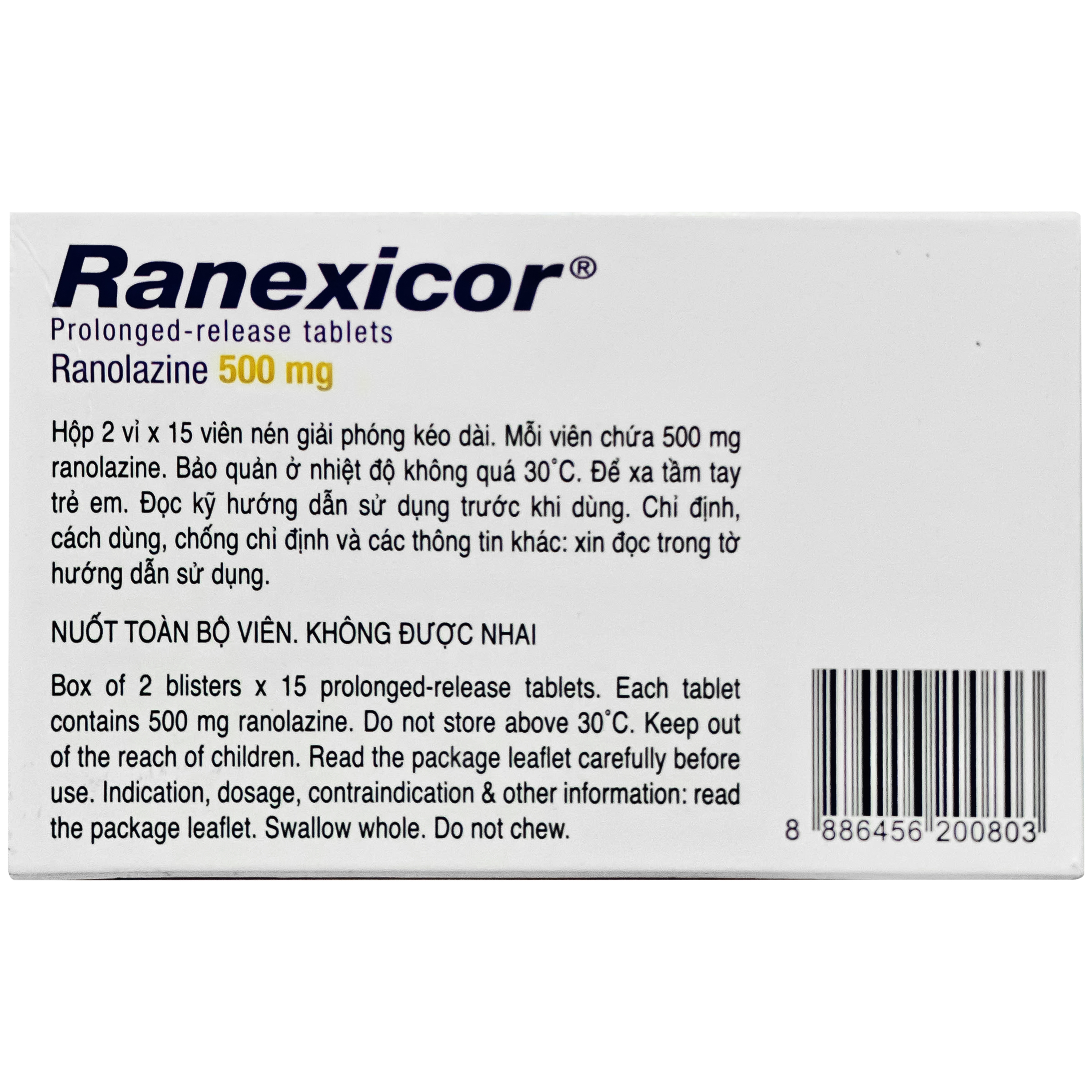 Hình ảnh Thuốc Ranexicor 500mg Menarini điều trị đau thắt ngực mãn tính (2 vỉ 15 viên)