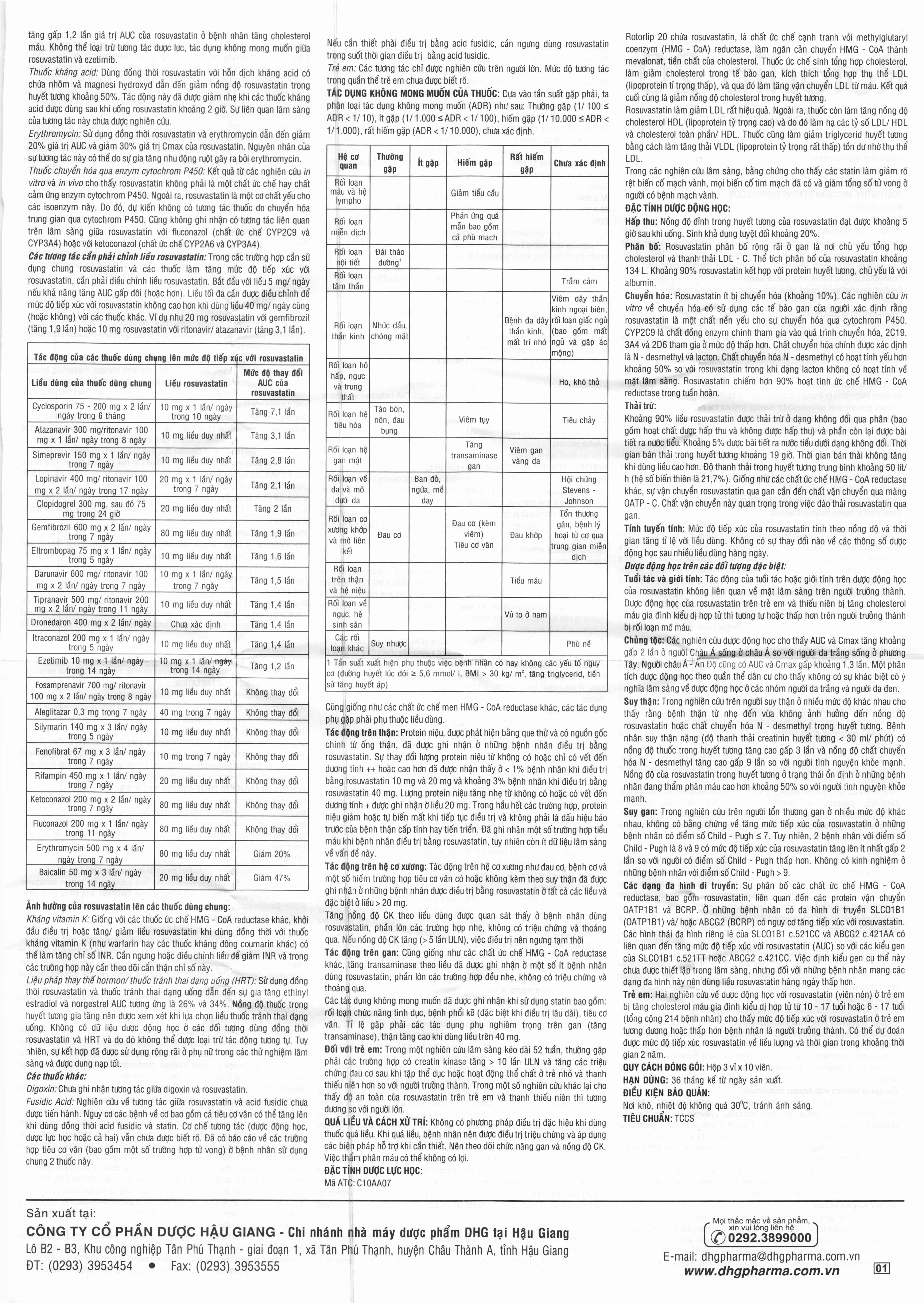 Hình ảnh Thuốc Rotorlip 20 DHG điều trị tăng cholesterol máu, dự phòng biến cố tim mạch (3 vỉ x 10 viên)