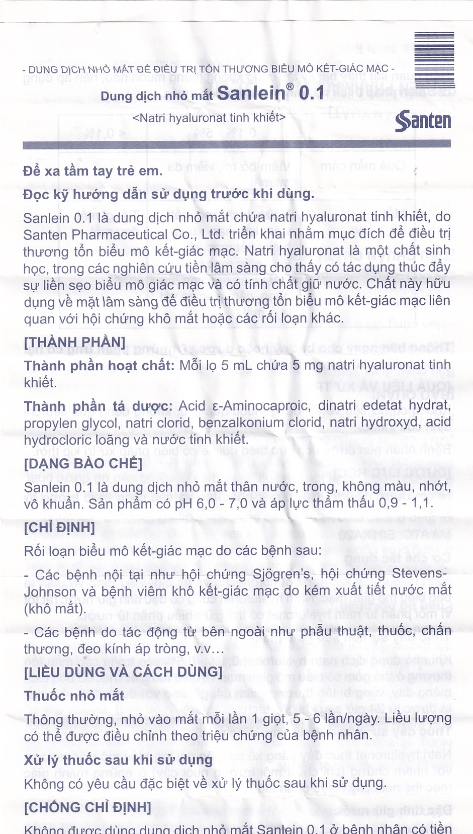 Hình ảnh Thuốc nhỏ mắt Sanlein 0.1% Santen hỗ trợ điều trị rối loạn biểu mô kết giác mạc (5ml)